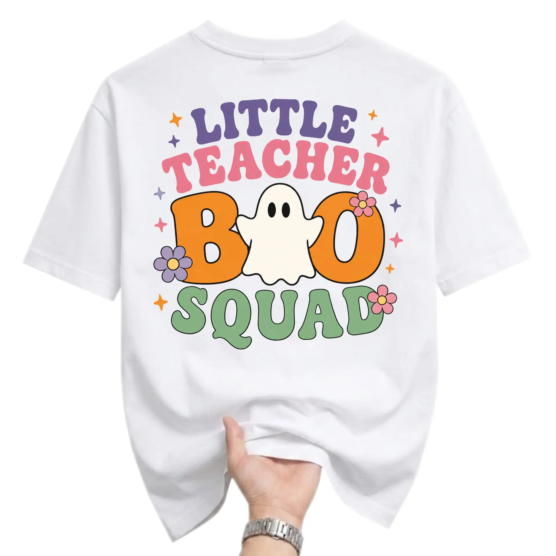 Funny Shirt Little Teacher Boo Squad Graphic Tee Retro Ghost Fall Unisex Casual Short Sleeve Crew Neck T-Shirt White