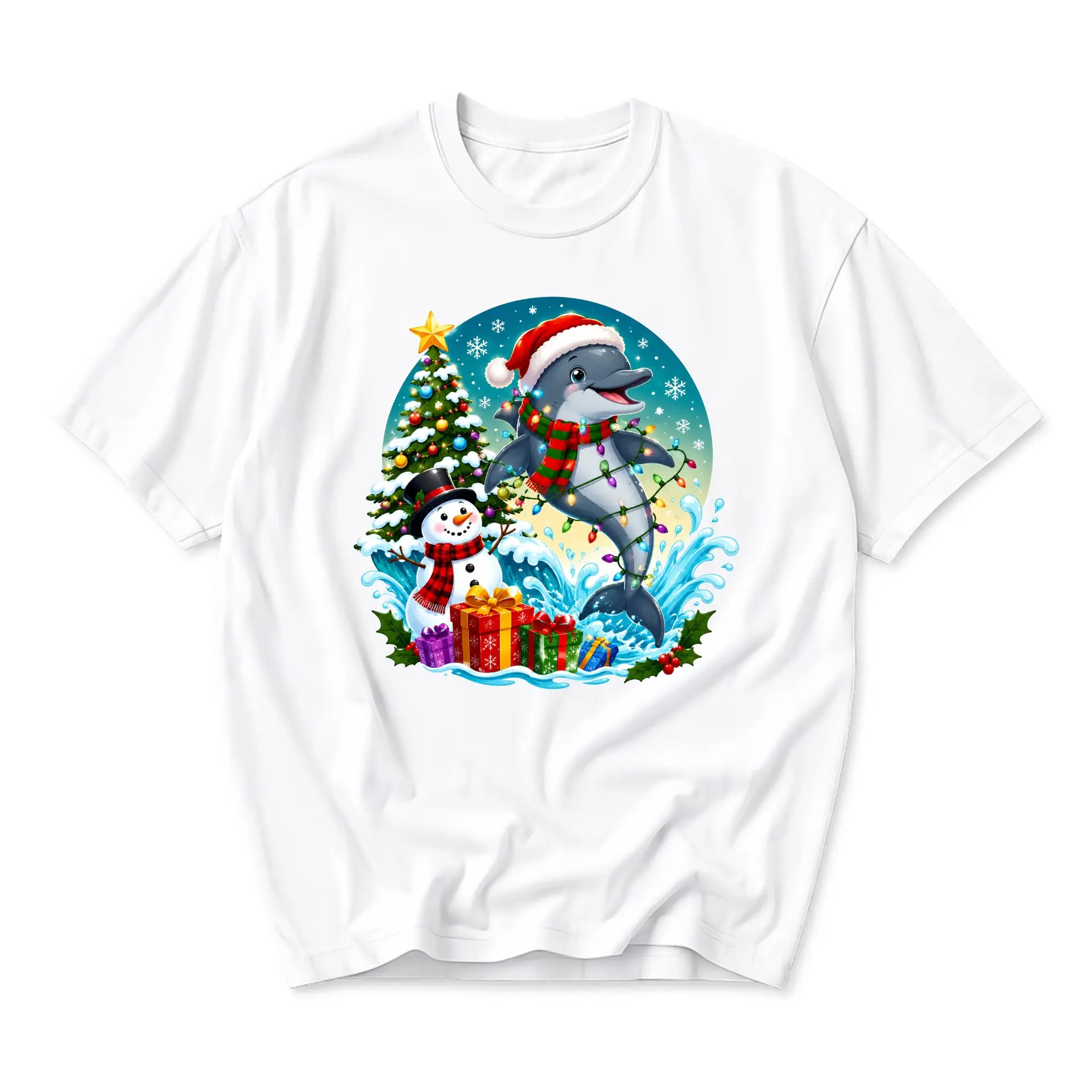 T-shirt Unisex Holiday Graphic Tee Christmas Dolphin Wearing Santa Hat with