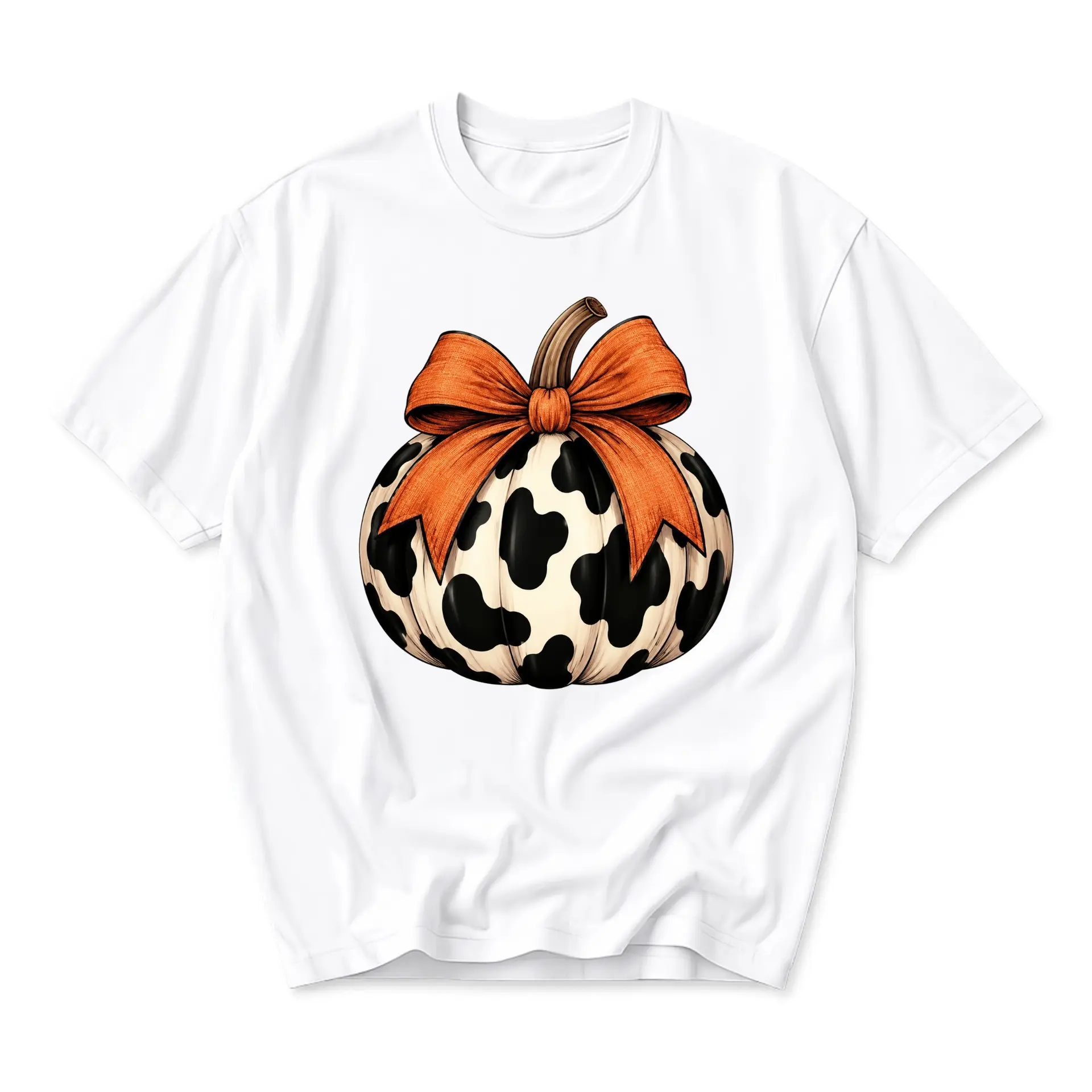 Graphic Tee Unisex Crew Neck T-Shirt Featuring a Decorative Cow Print Pumpkin with an Elegant Orange Bow Fall Design