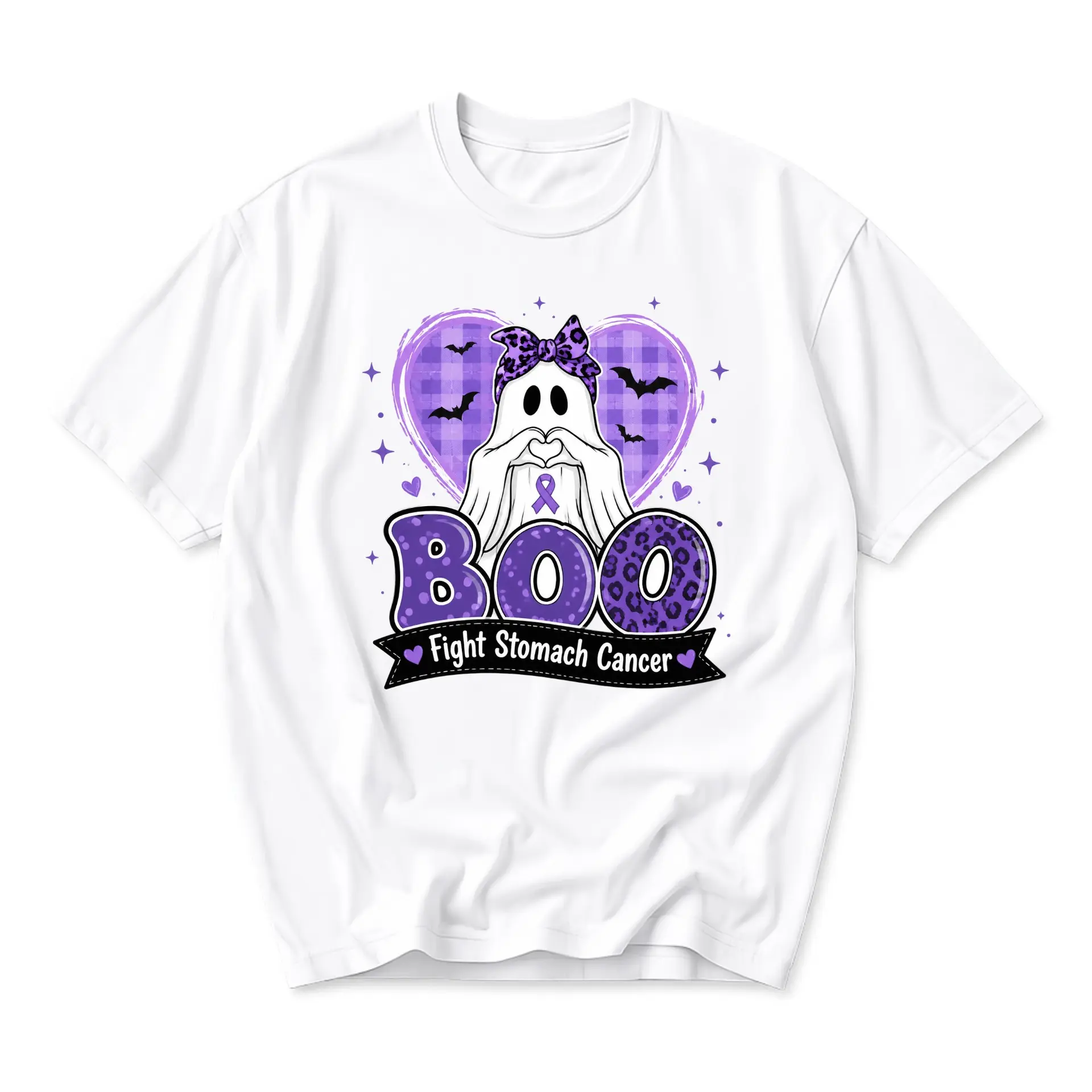 Graphic Tee Unisex Crew Neck T-Shirt Featuring Ghost Boo Stomach Cancer Awareness Design in Purple and White