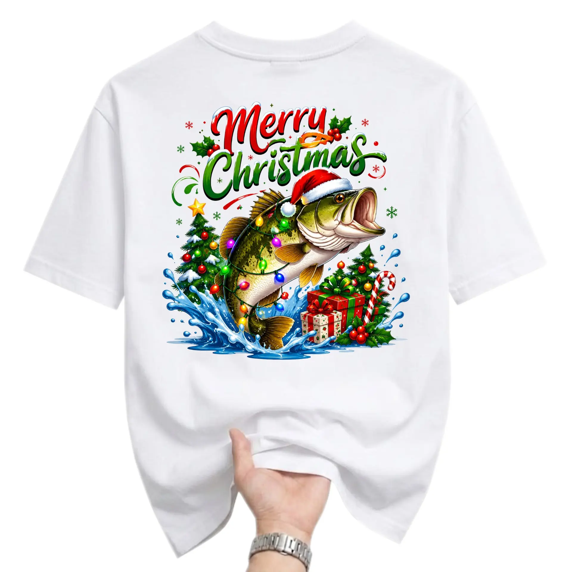 Funny Shirt Merry Christmas Fish Graphic Tee Unisex Crew Neck Short Sleeve Casual Holiday Apparel White T-Shirt