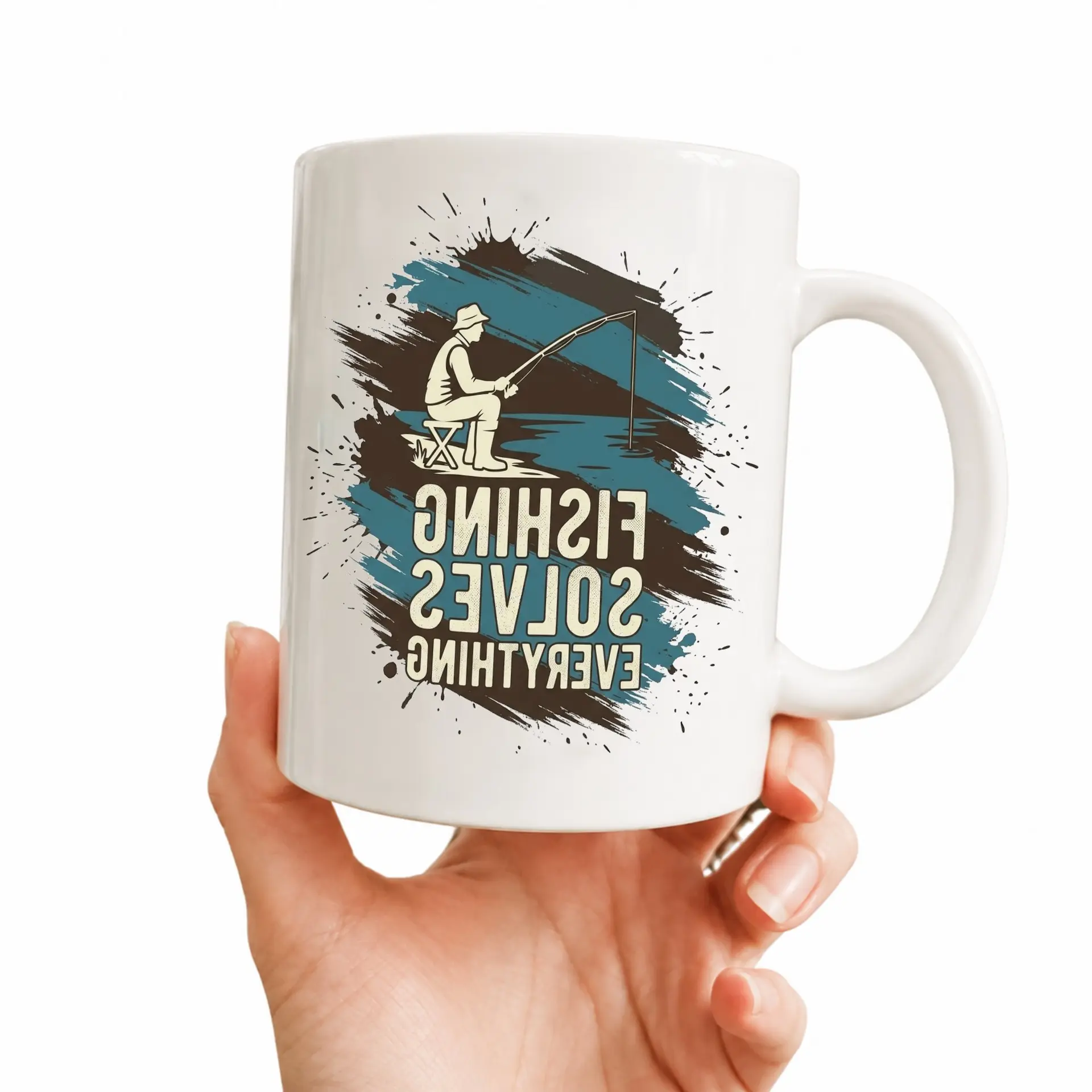 Fishing Solves Everything Two Ceramic Mug for Outdoors Lovers Featuring Artistic Fisherman Silhouette Graphic Design