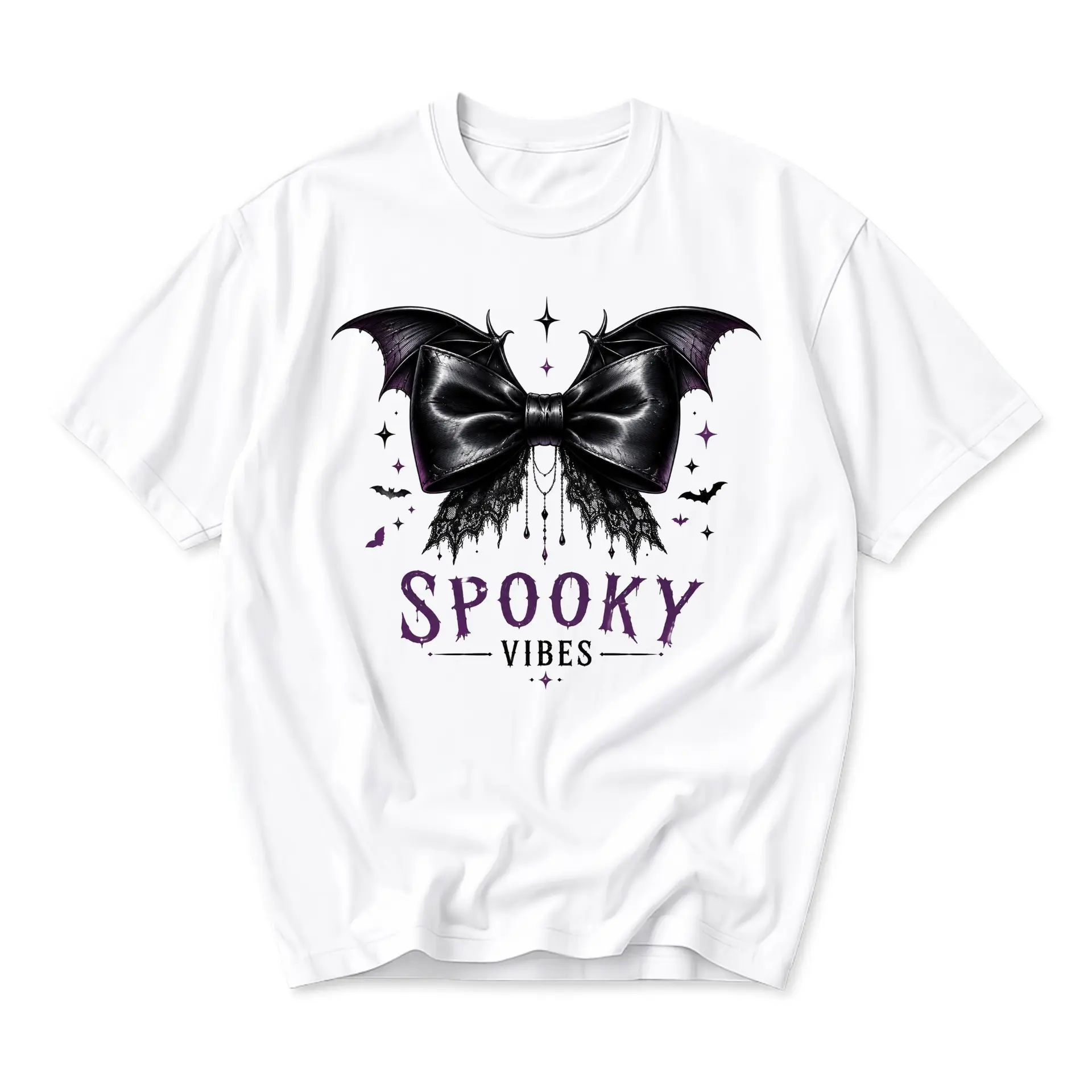 Graphic Tee Spooky Vibes Bat Wing Bow Illustration Unisex Crew Neck Short Sleeve Casual Cotton Blend Apparel