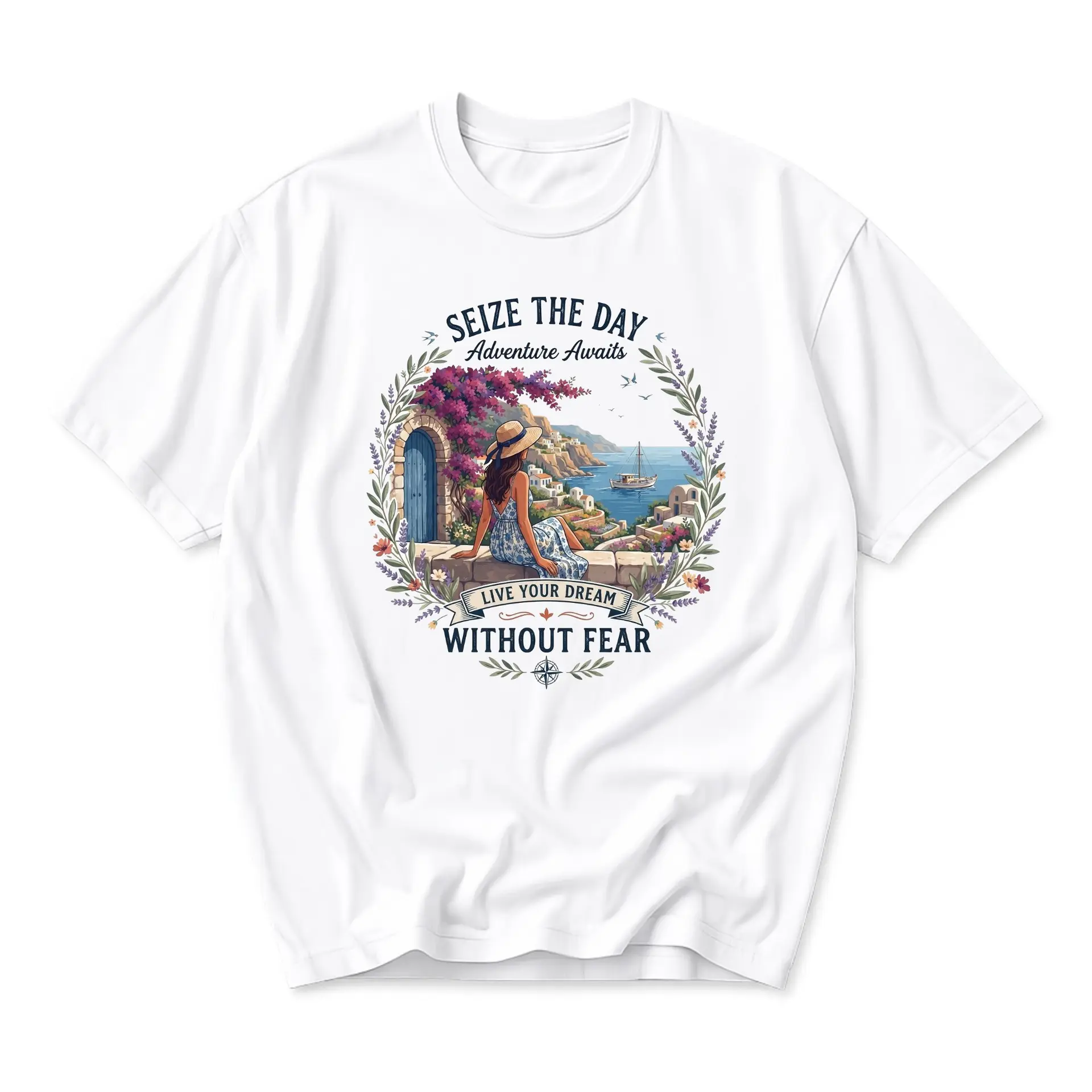 T-shirt Adventure Awaits Graphic Tee Coastal Mediterranean Scene Illustration Unisex Crew Neck Everyday Casual Apparel