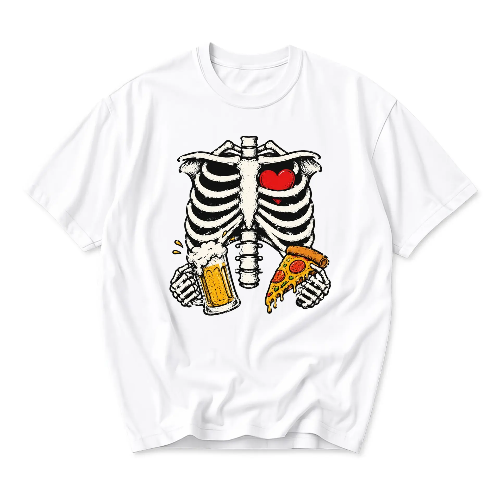 Graphic Tee Skeleton Holding Beer and Pizza Slice Print Unisex Casual Crew Neck Comfortable Short Sleeve Cotton Shirt