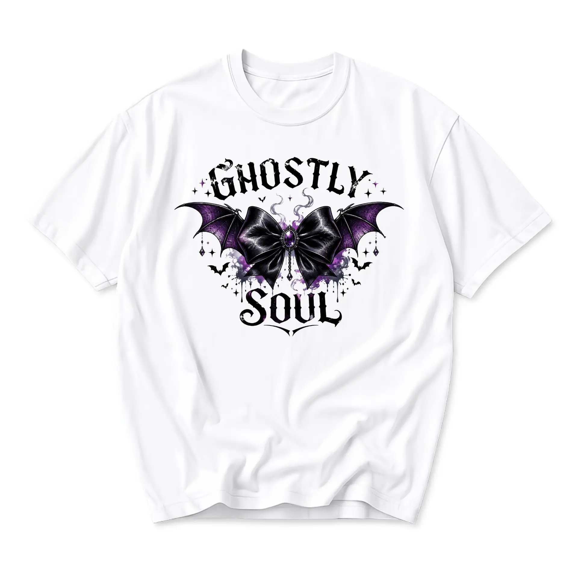 Graphic Tee Ghostly Soul Gothic Bat Bow Print Unisex Cotton Crew Neck Casual Short Sleeve Everyday Apparel