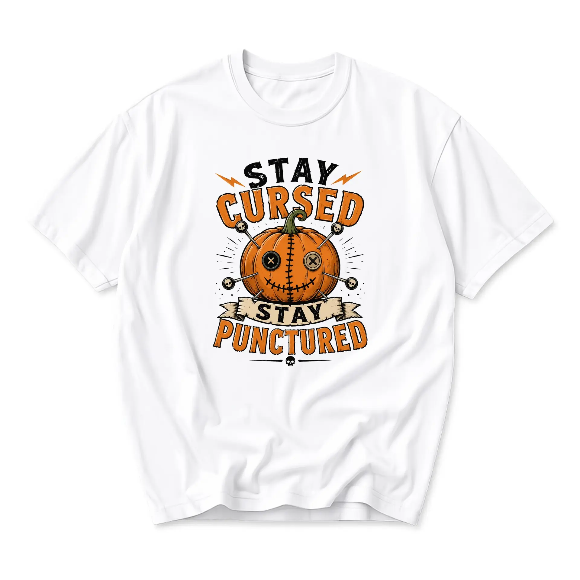 Graphic Tee Stay Cursed Stay Punctured Voodoo Pumpkin Illustration Unisex Casual Crew Neck Soft Cotton Blend T-Shirt