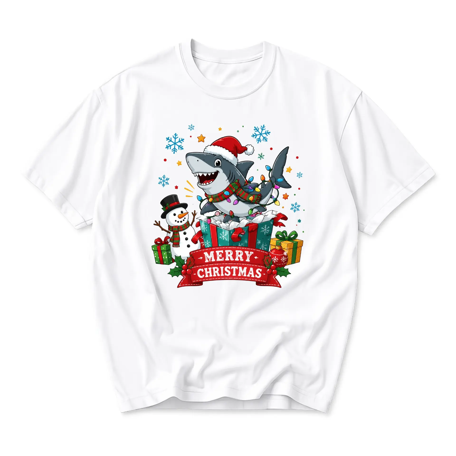 Funny Shirt Merry Christmas Shark Holiday Graphic Tee Unisex Short Sleeve