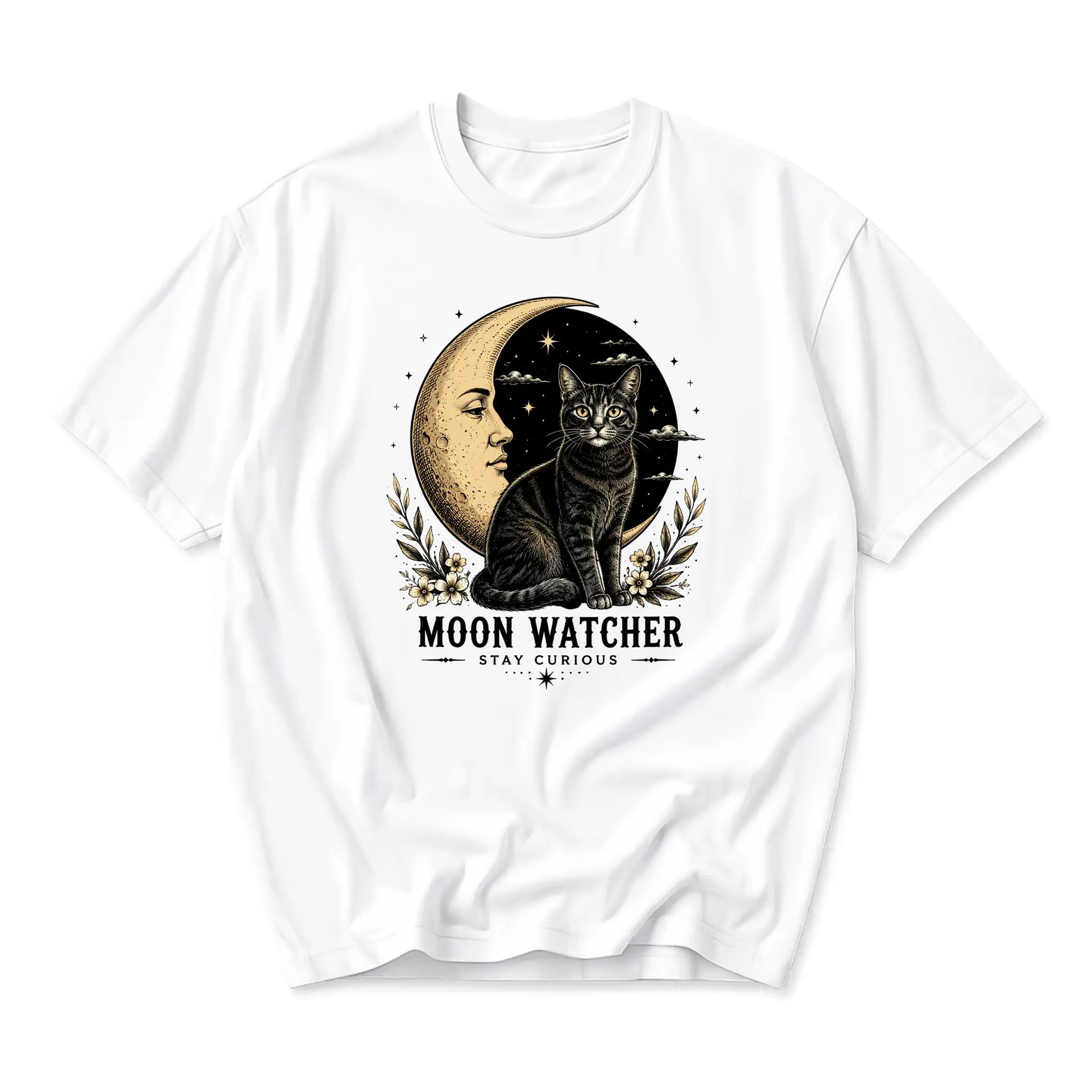 Graphic Tee Moon Watcher Stay Curious Celestial Cat Print Unisex Crew Neck Casual Everyday Cotton Blend T-Shirt