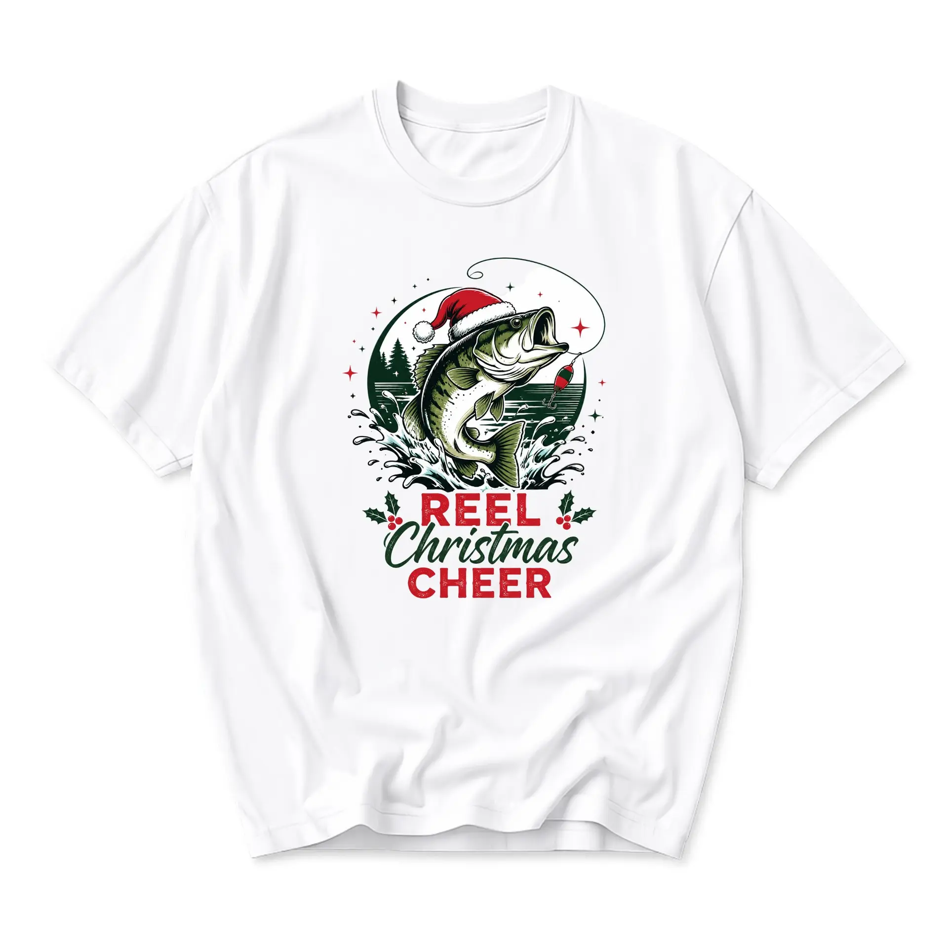 Funny Shirt Reel Christmas Cheer Fishing Graphic Tee Unisex Short Sleeve Casual Holiday Apparel White