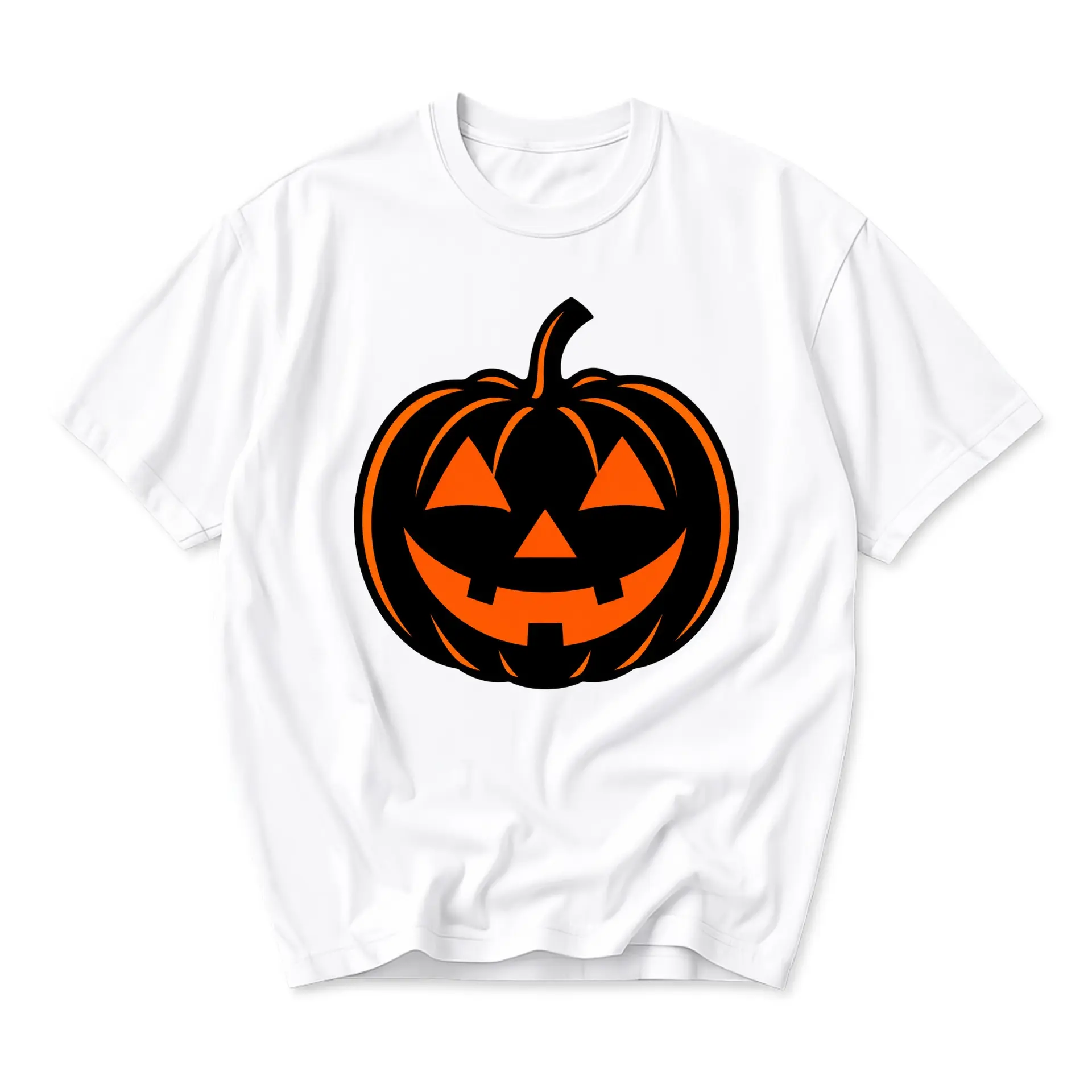 Graphic Tee Unisex Crew Neck T-Shirt Featuring a Vibrant Orange and Black Jack O Lantern Pumpkin Design for Fall Wear