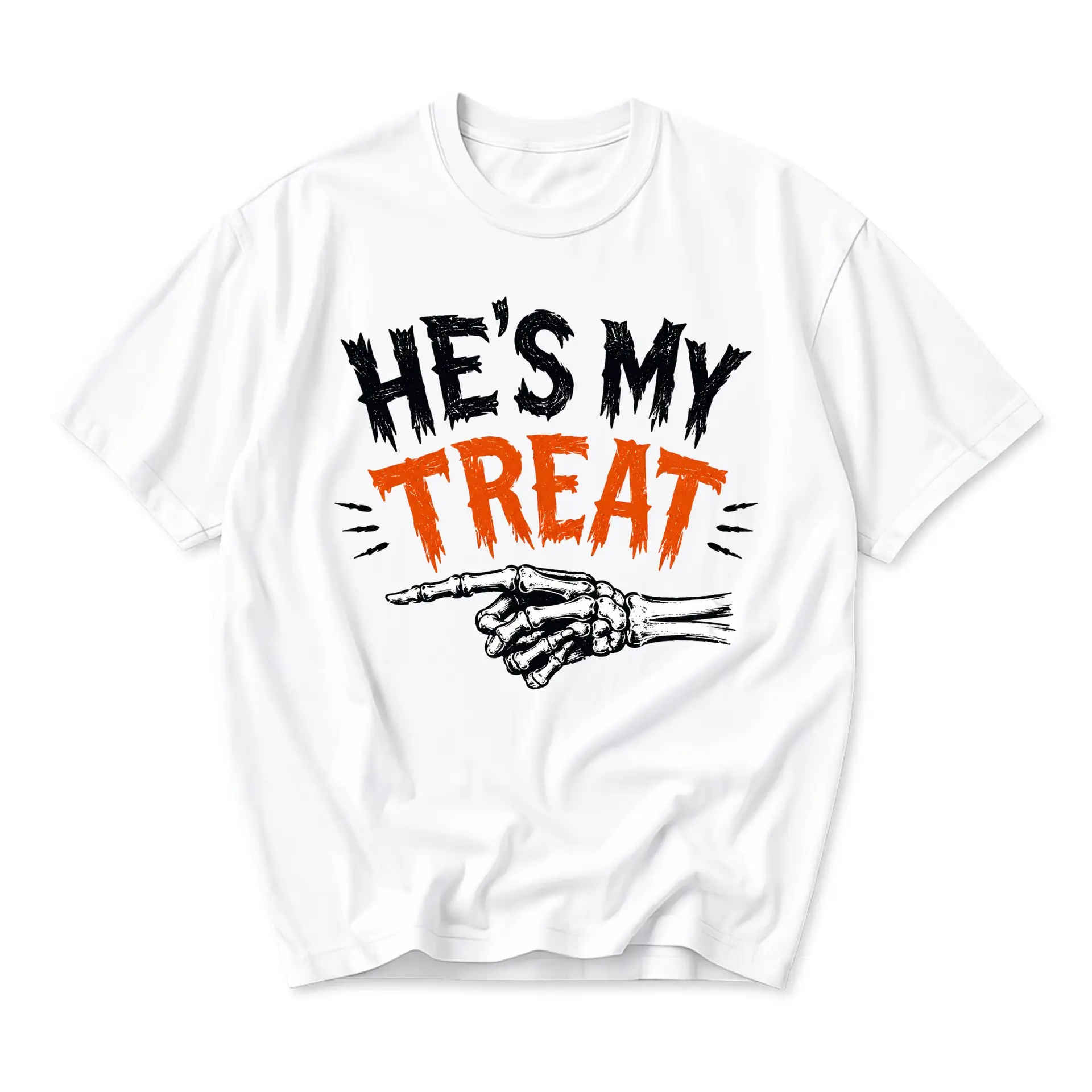 Funny Shirt He Is My Treat Skeleton Hand Pointing Graphic Tee Unisex Casual Crew Neck Holiday Inspired Top
