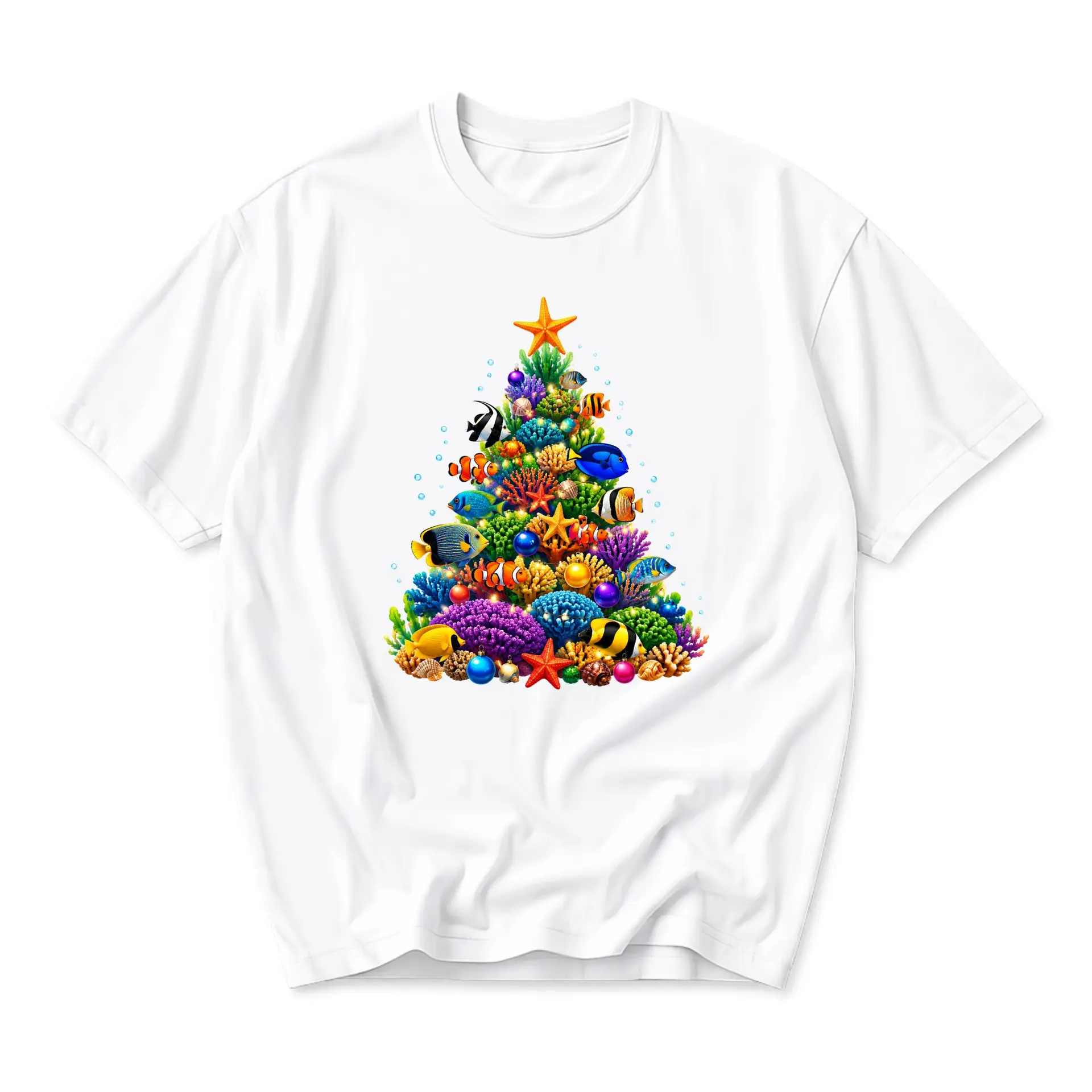 Graphic Tee Unisex Christmas Tree Tropical Ocean Fish Design Cotton Blend