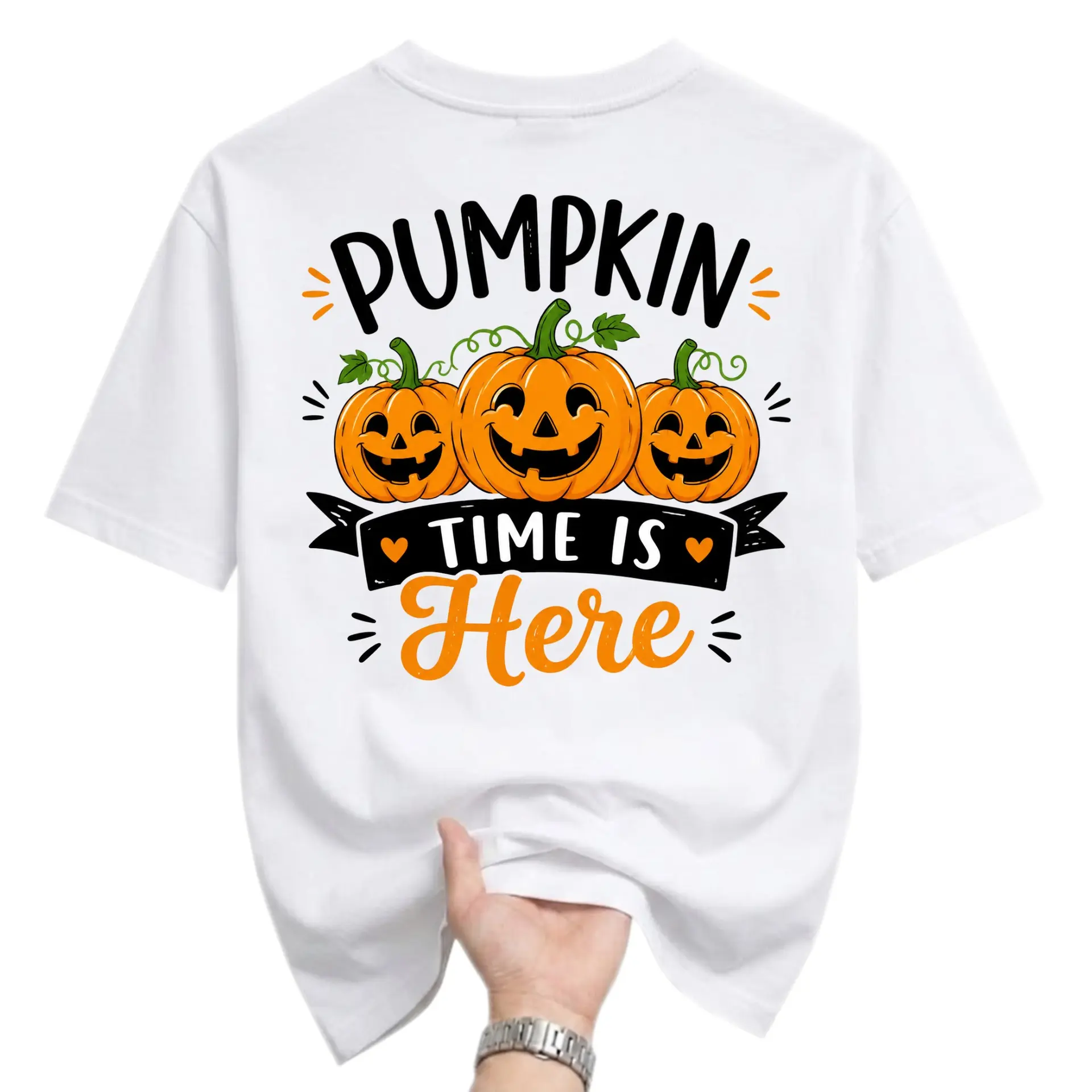 Graphic Tee Pumpkin Time Is Here Fall Season Autumn Holiday Unisex Crew Neck Shirt Comfortable Casual Everyday Apparel