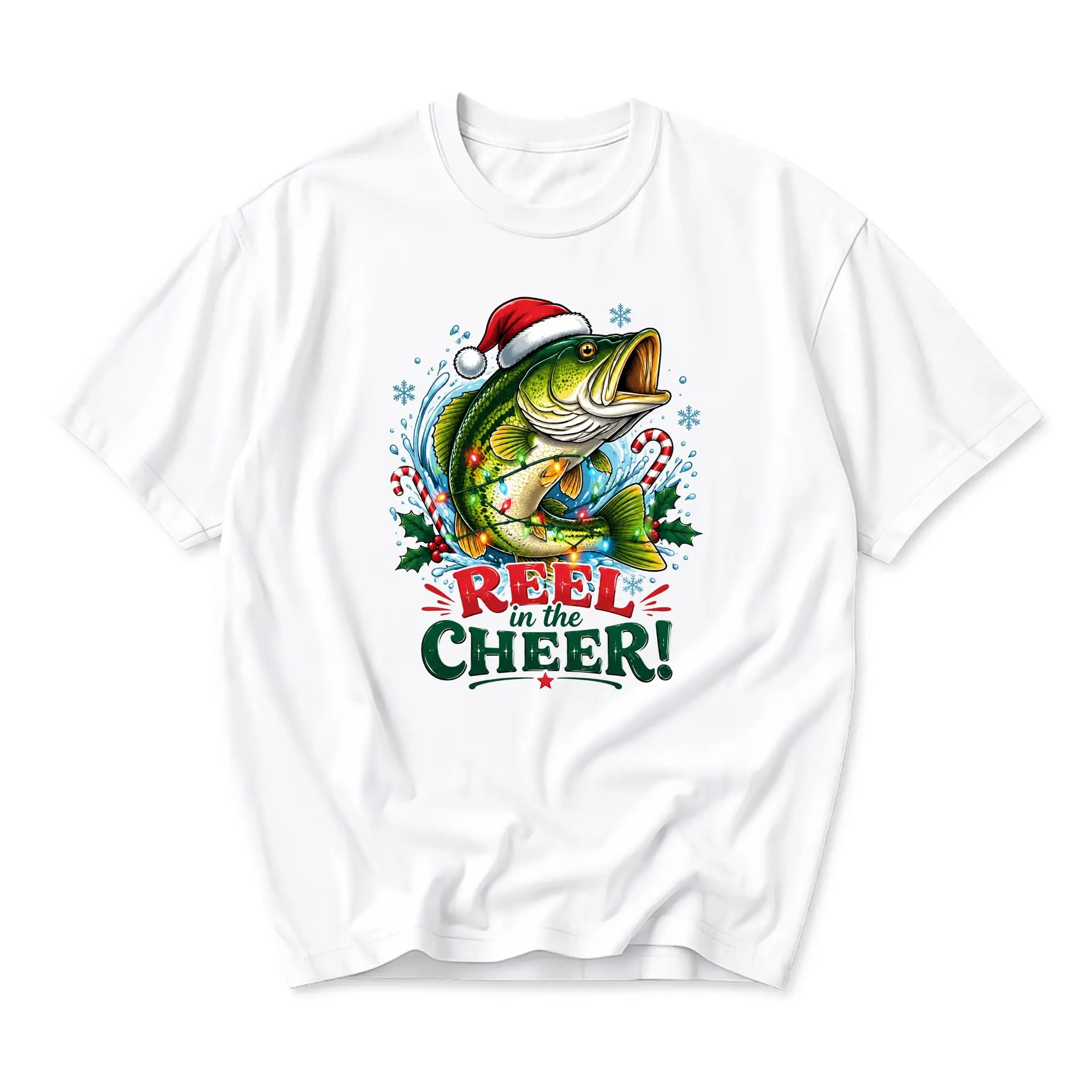 Funny Shirt Reel in the Cheer Graphic Tee Christmas Fishing Theme Unisex Casual Short Sleeve Crew Neck Cotton Top