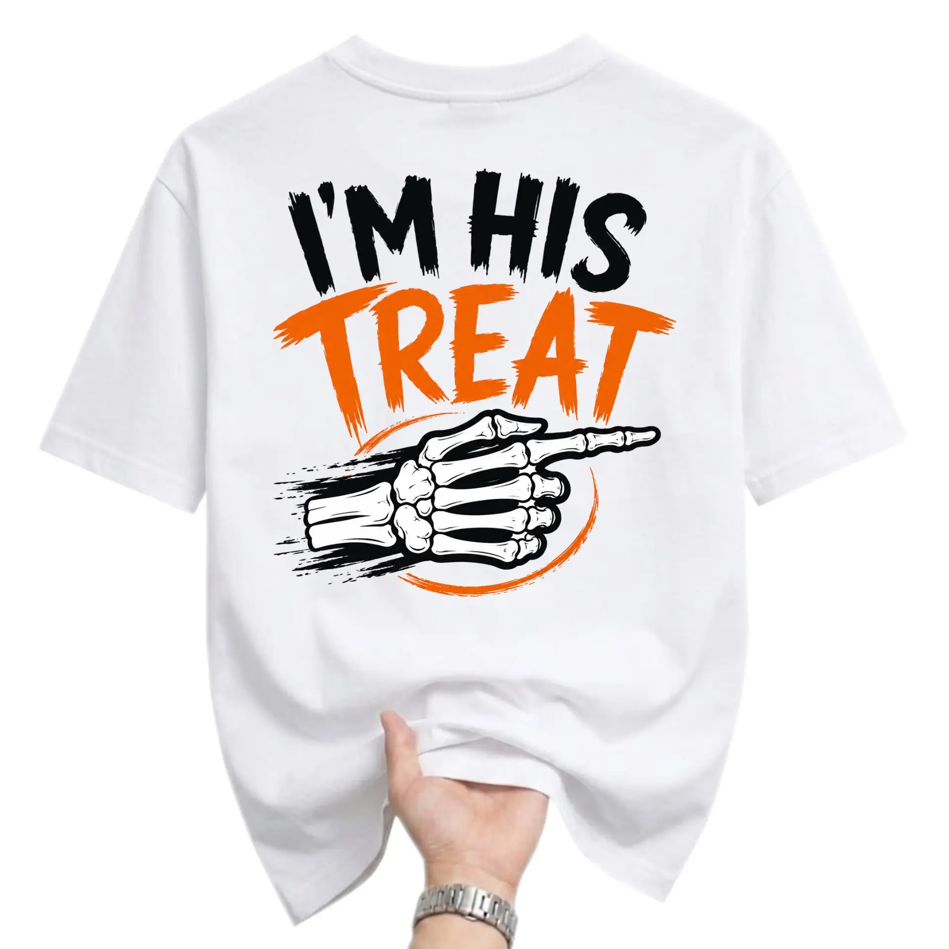 Funny Shirt I Am His Treat Skeleton Hand Graphic Printed Unisex Crew Neck Short Sleeve Casual Cotton Tee Top Apparel