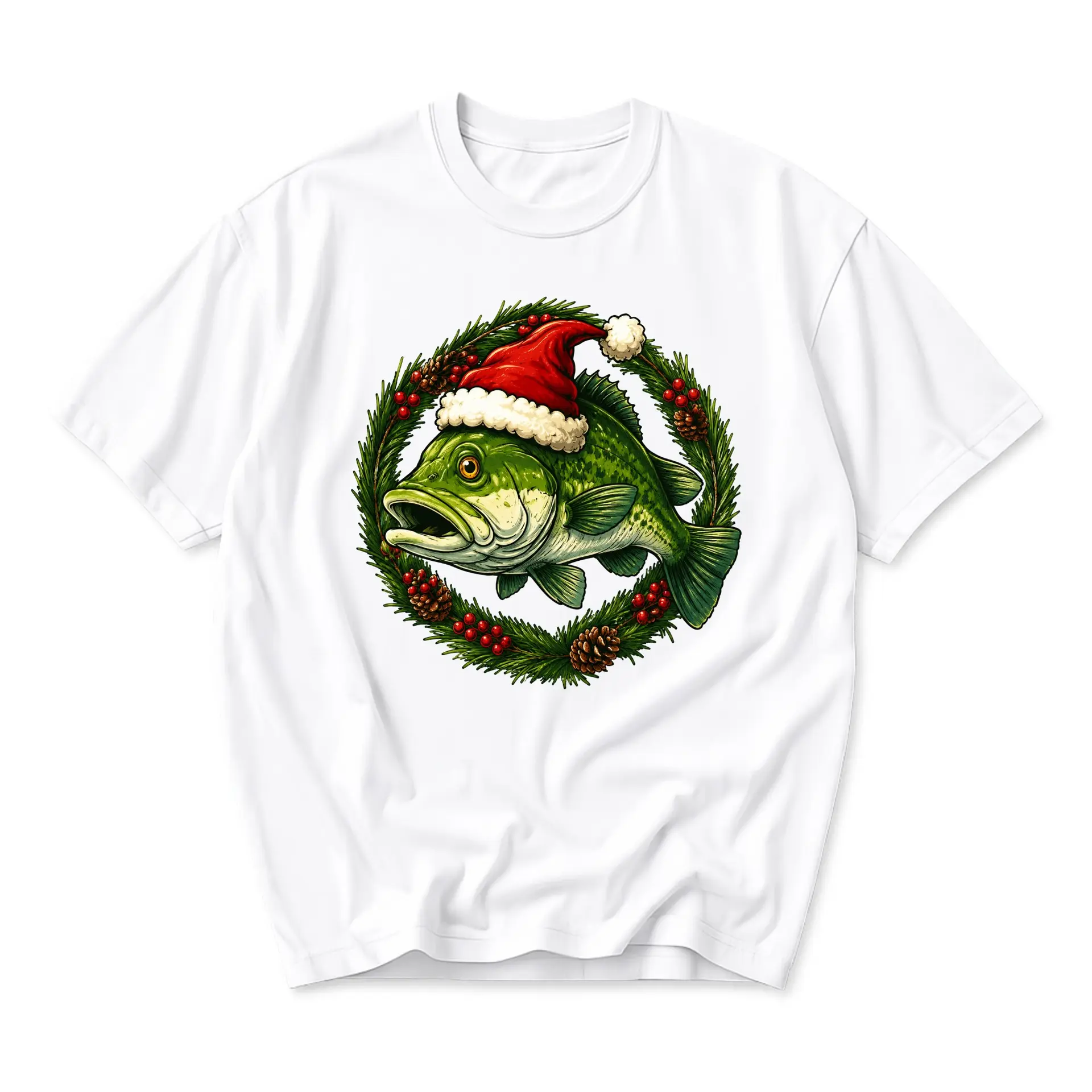 Graphic Tee Fish Wearing a Santa Hat in a Christmas Wreath Unisex Casual Short Sleeve Cotton Crew Neck Shirt