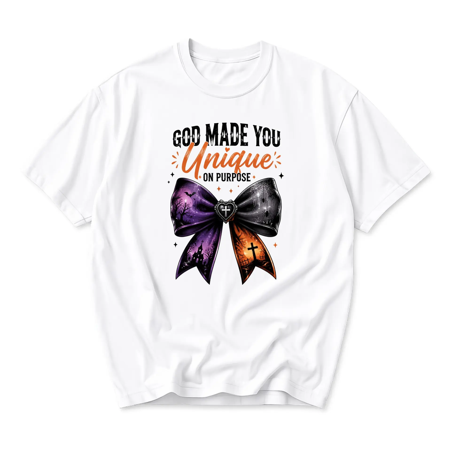 Graphic Tee God Made You Unique on Purpose Religious Inspirational Aesthetic Bow Print Unisex Short Sleeve Shirt