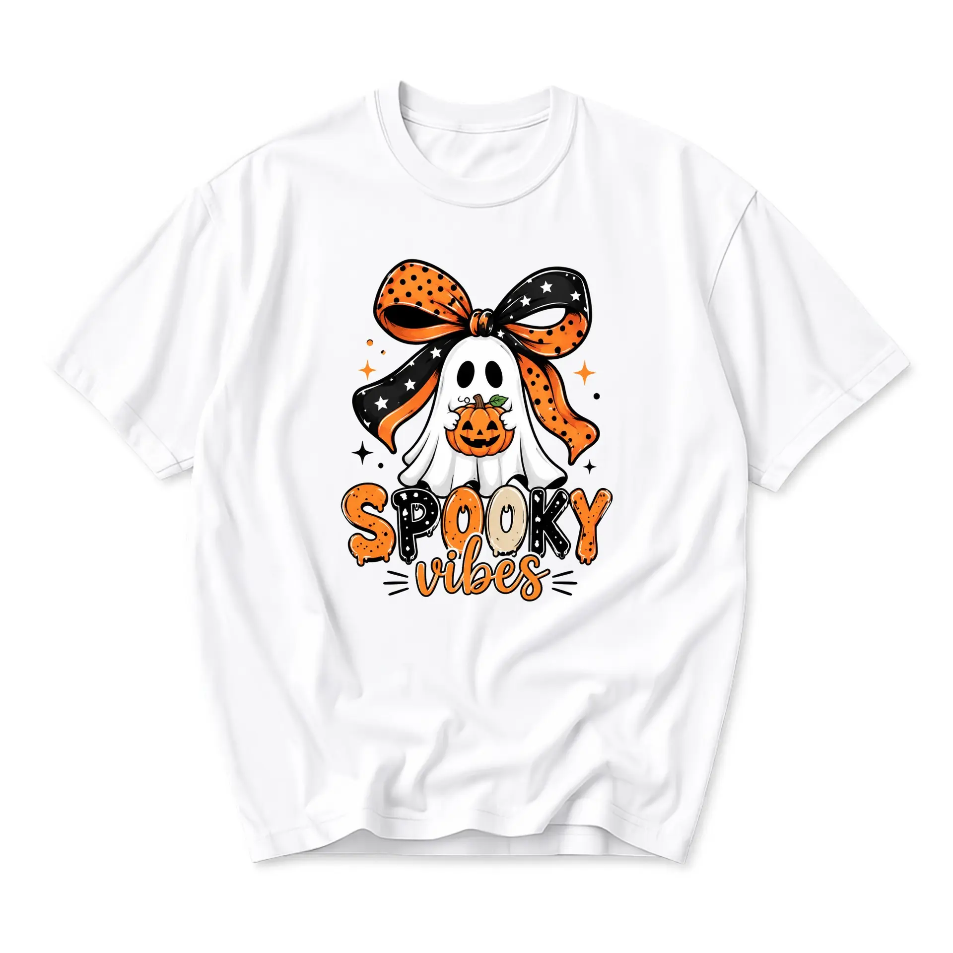 Funny Shirt Spooky Vibes Ghost with Pumpkin Graphic Tee Casual Unisex Short Sleeve Crew Neck Cotton Blend Apparel