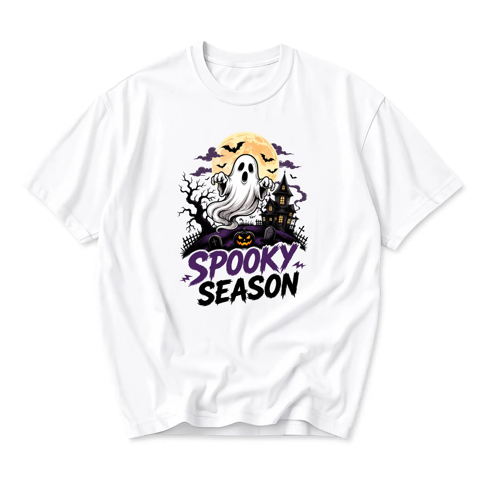 Graphic Tee Spooky Season Ghost Halloween Shirt Unisex Crew Neck Short Sleeve Cotton Blend Casual Holiday Graphic Apparel