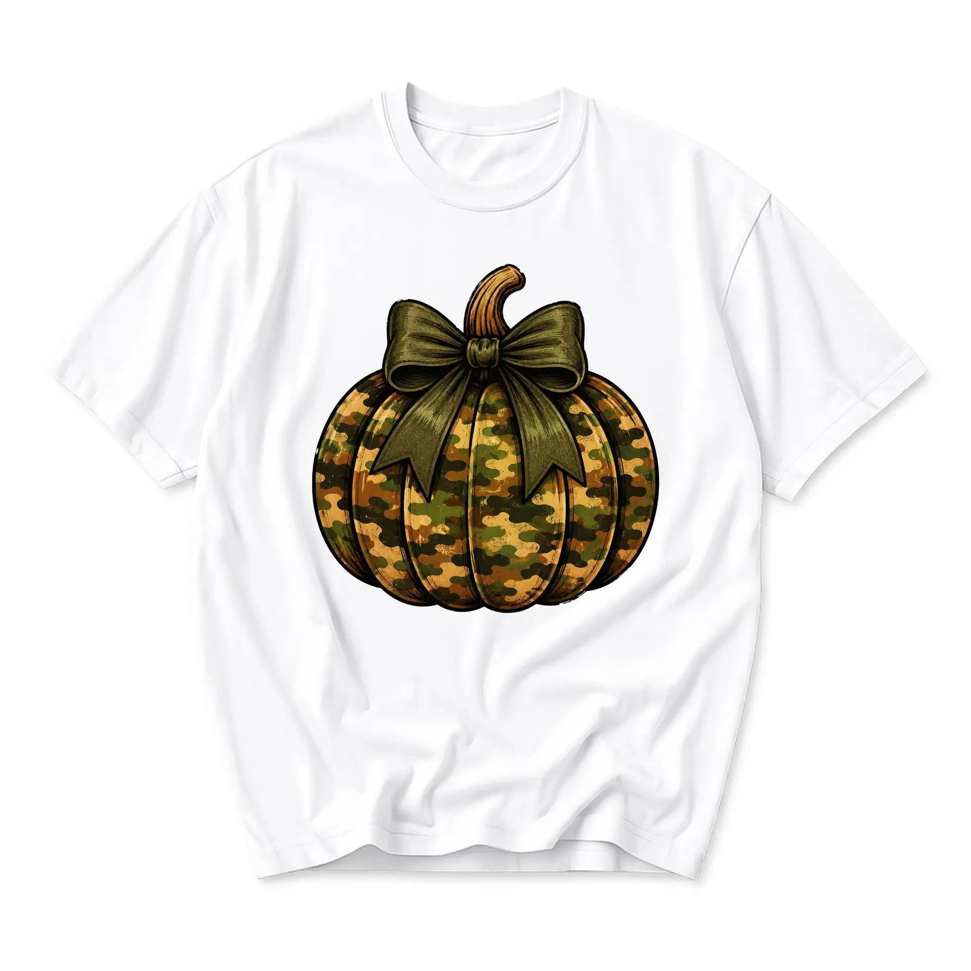 Graphic Tee Unisex Crew Neck T-Shirt Featuring a Camouflage Pumpkin with a Decorative Bow Seasonal Fall Autumn Apparel
