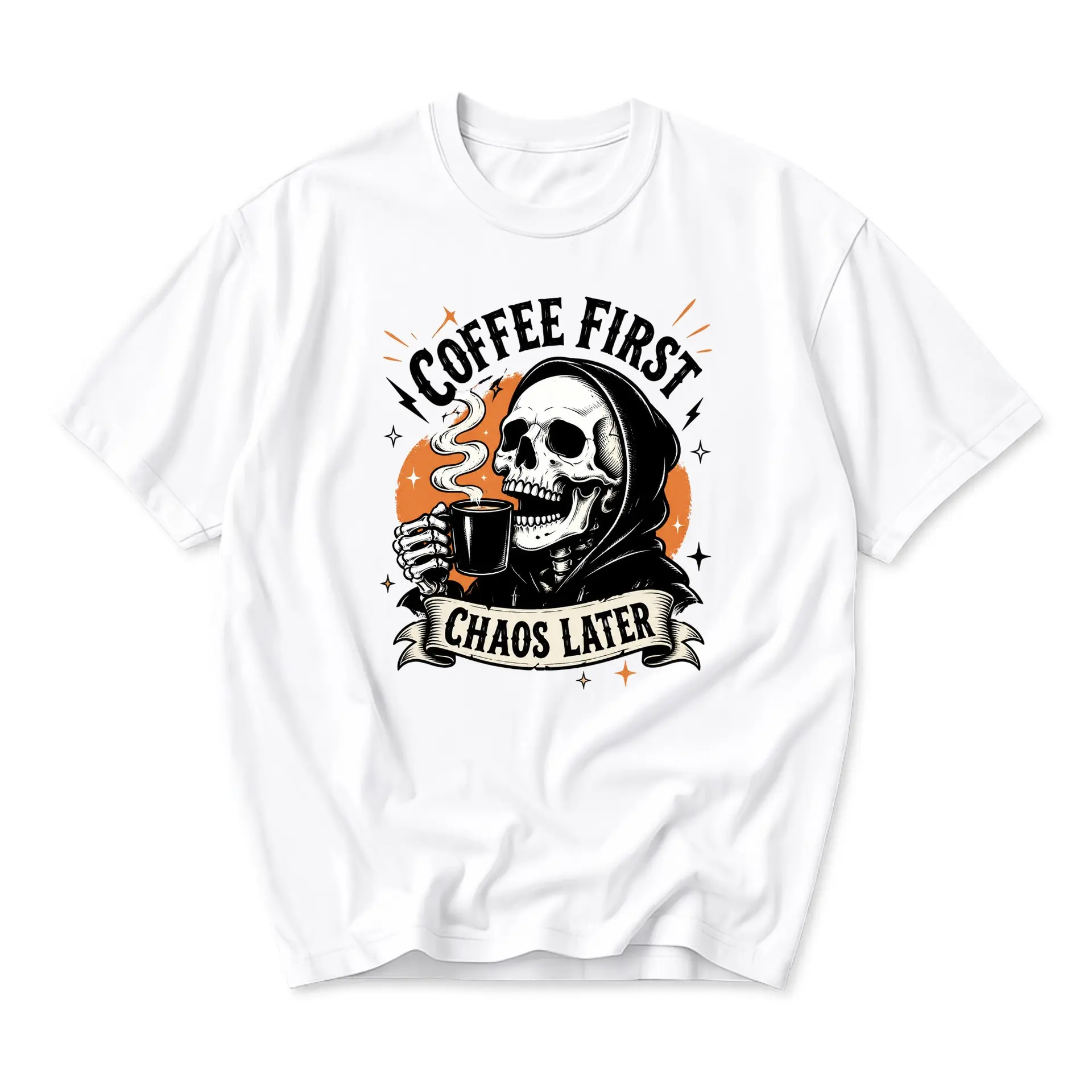Funny Shirt Coffee First Chaos Later Skeleton Graphic Tee Unisex Casual Crew Neck Comfortable Soft Cotton Blend Top
