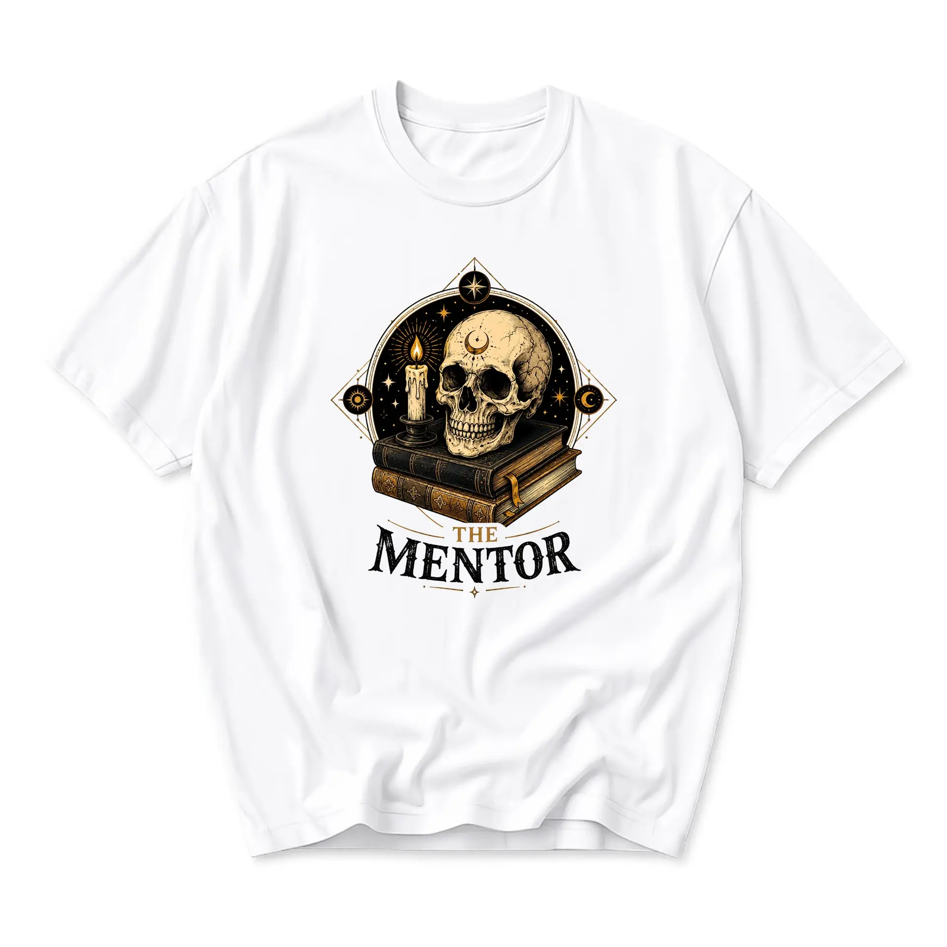 Graphic Tee the Mentor Skull and Books Celestial Illustration Unisex Crew Neck Comfortable Short Sleeve Cotton Shirt