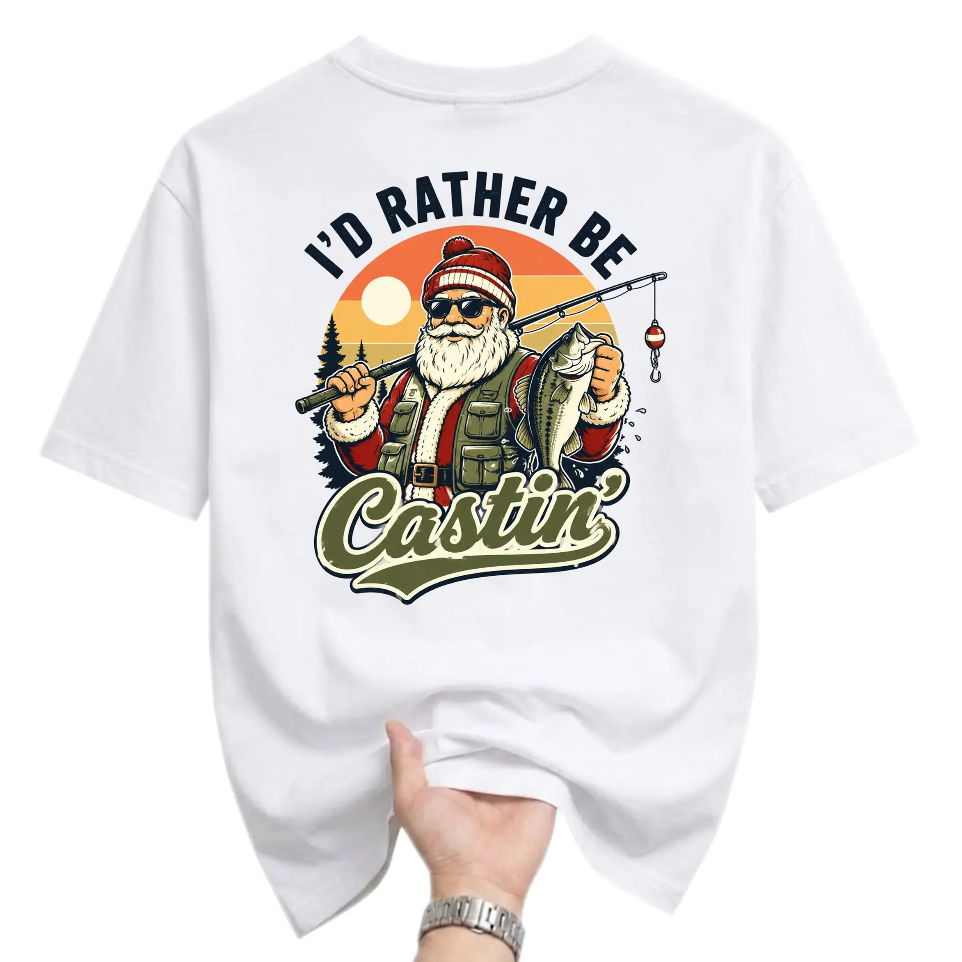 Funny Shirt I'd Rather Be Castin Fishing Santa Unisex Graphic Tee Short Sleeve Casual Holiday Apparel White