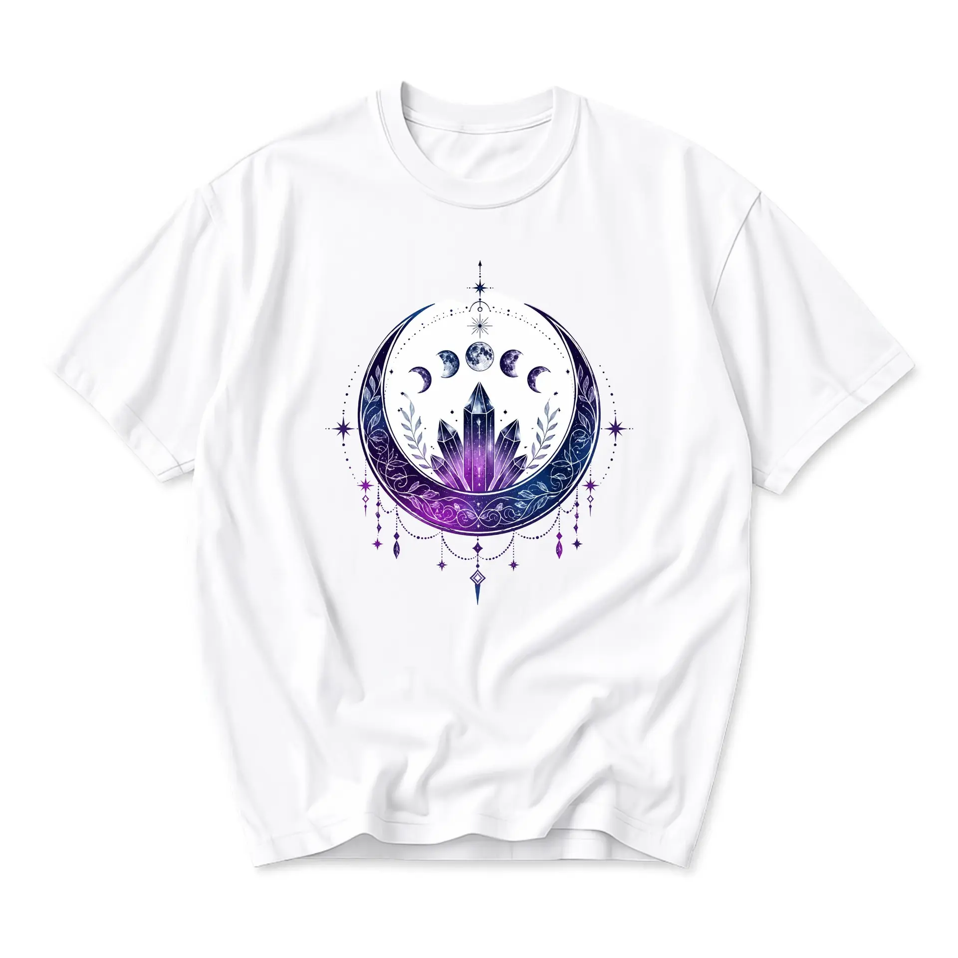 Graphic Tee Celestial Crystal Moon Phase Design Unisex Crew Neck Short Sleeve Shirt for Casual Everyday Style