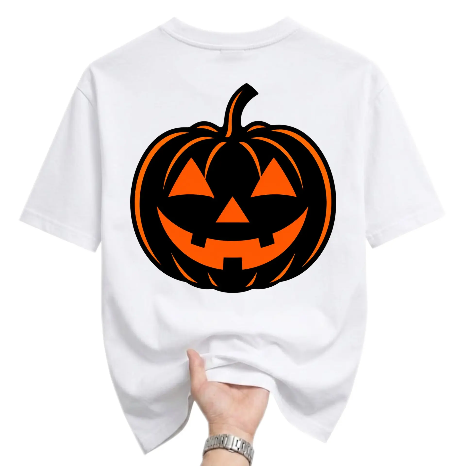 Graphic Tee Unisex Crew Neck T-Shirt Featuring a Vibrant Orange and Black Jack O Lantern Pumpkin Design for Fall Wear