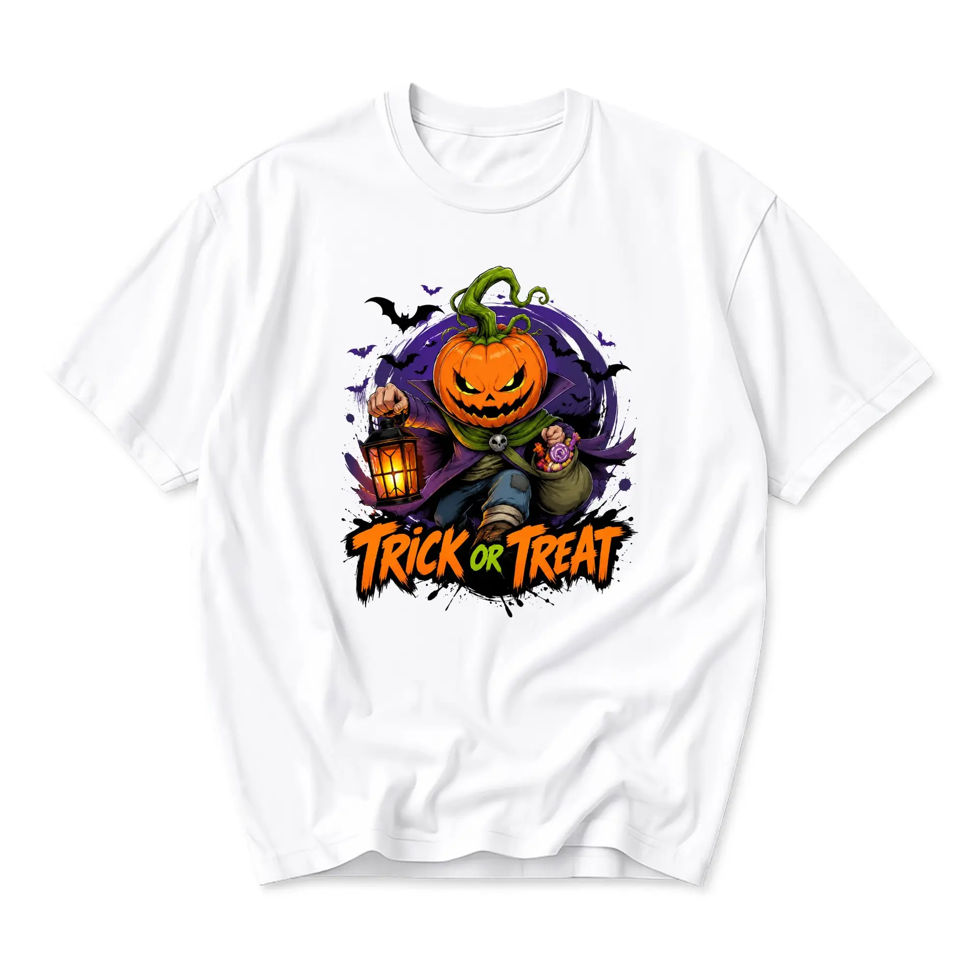 Graphic Tee Trick or Treat Pumpkin Character Unisex Shirt Halloween Holiday Apparel Casual Crew Neck Cotton Top