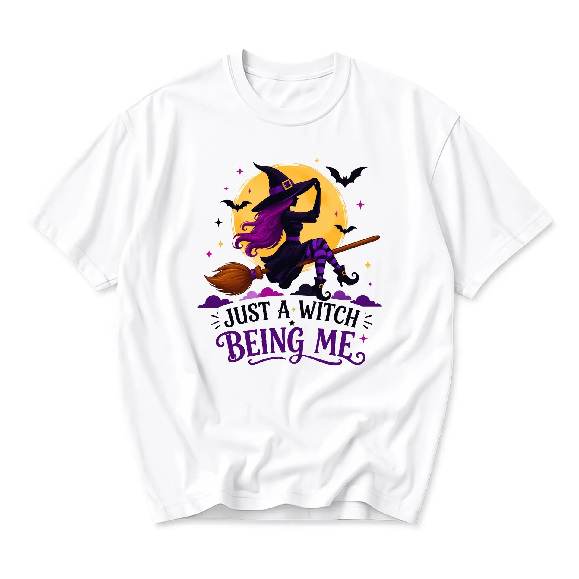 Graphic Tee Just a Witch Being Me Unisex Crew Neck Shirt Casual Holiday Apparel for Seasonal Halloween Outfit Enthusiasts