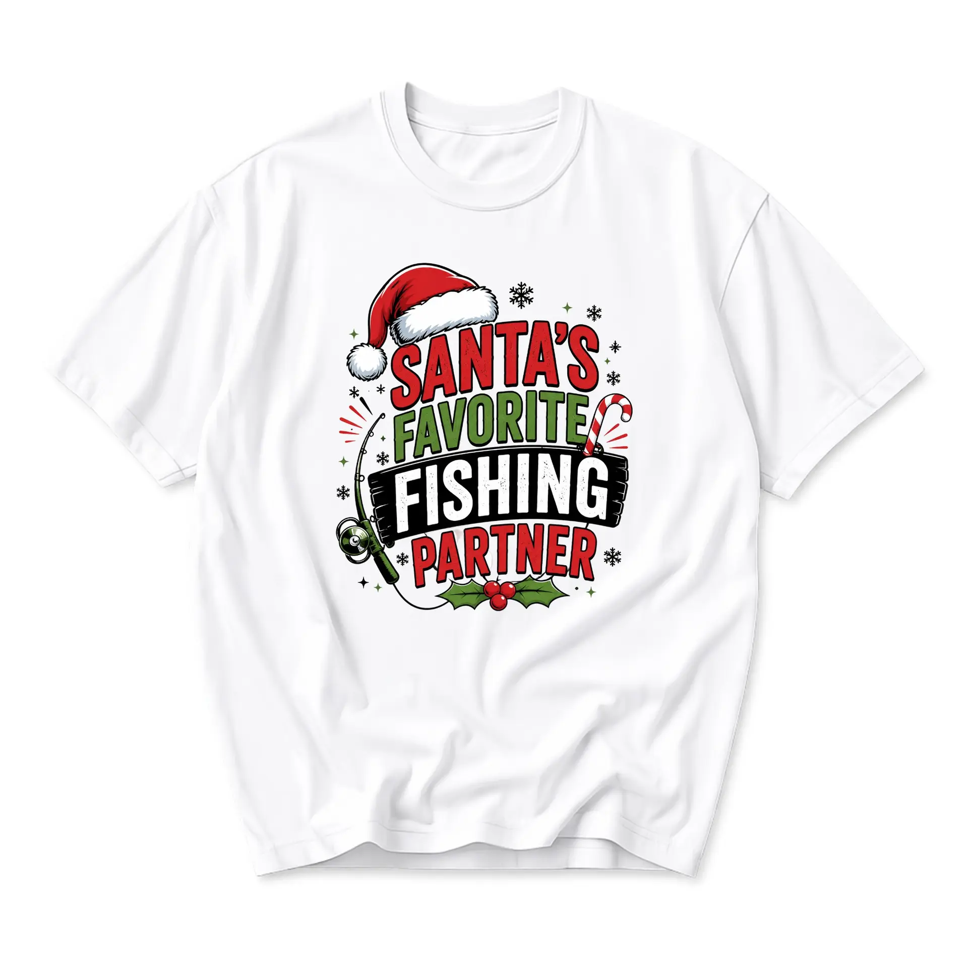 Funny Shirt Santa's Favorite Fishing Partner Christmas Graphic Tee Unisex Casual Holiday Apparel Crew Neck