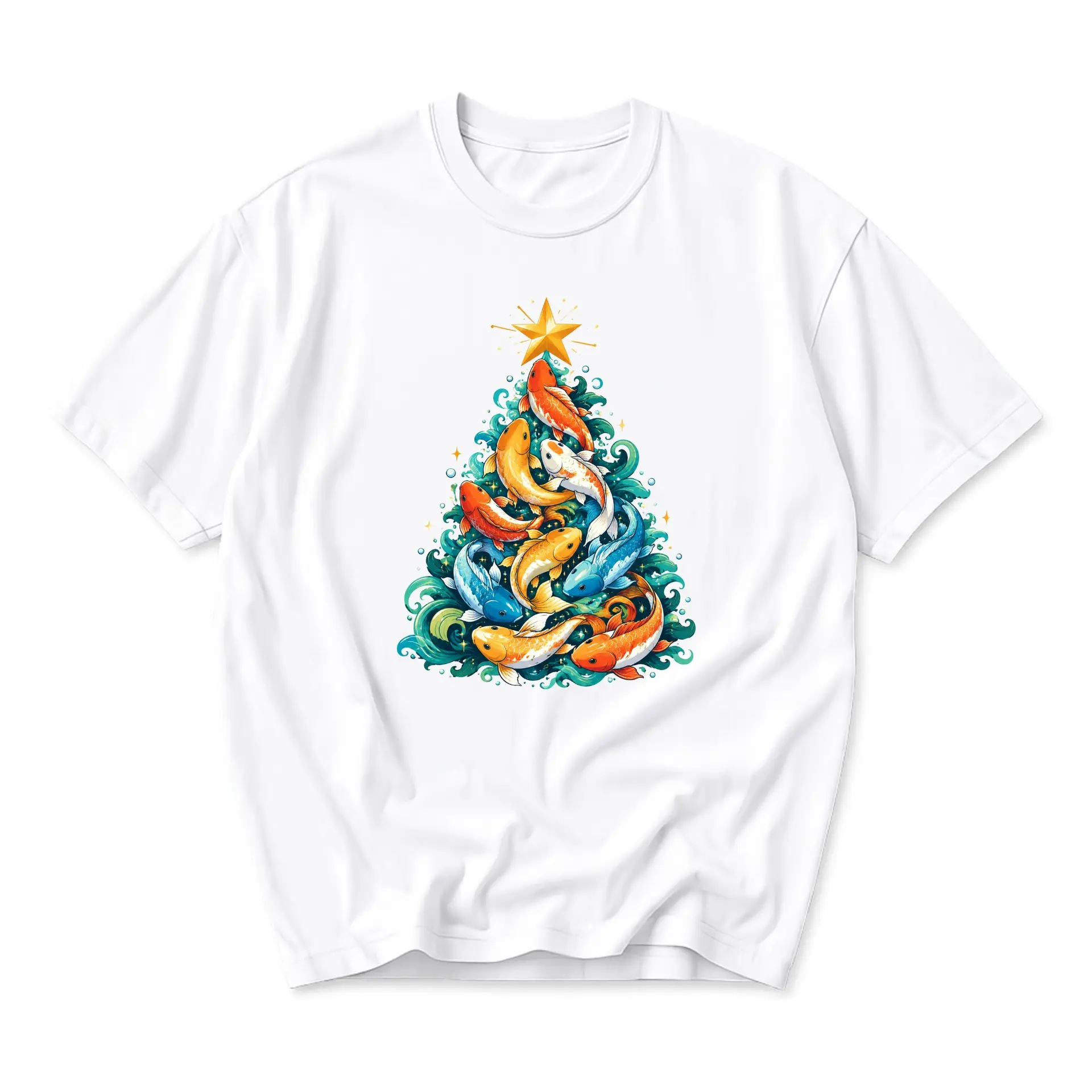 Graphic Tee Koi Fish Christmas Tree Print Unisex Crew Neck Cotton Blend