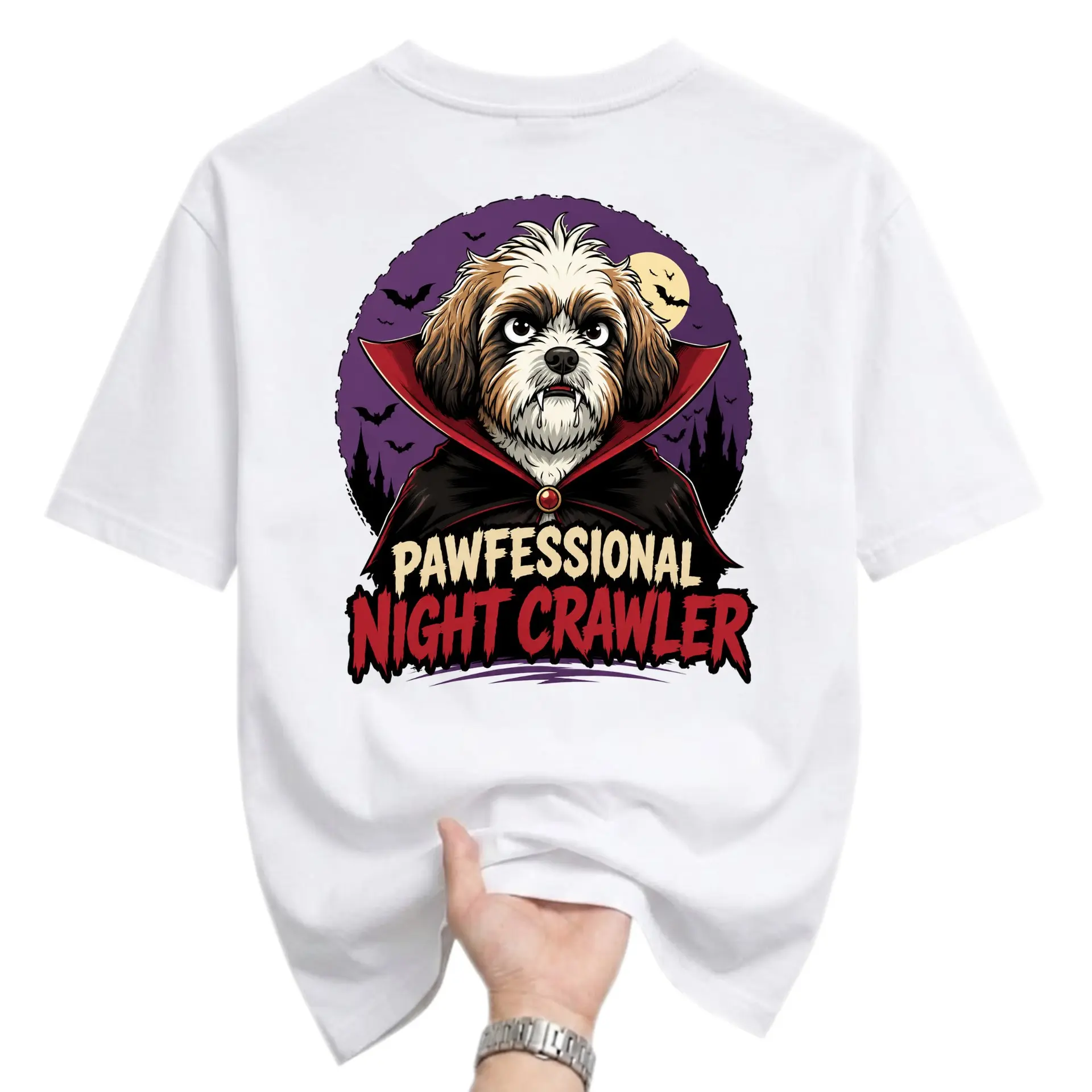 Funny Shirt Pawfessional Night Crawler Vampire Dog Graphic Tee Unisex Crew Neck Casual Everyday Apparel White