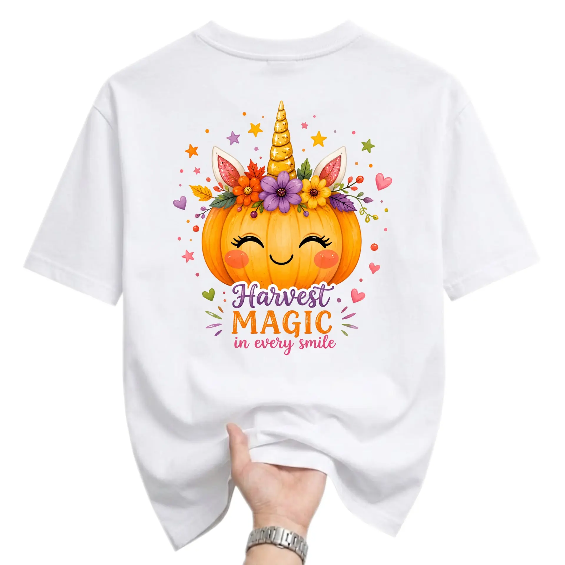 Funny Shirt Harvest Magic Unicorn Pumpkin Graphic Tee Unisex Crew Neck Short Sleeve Casual Autumn Fashion Holiday Top