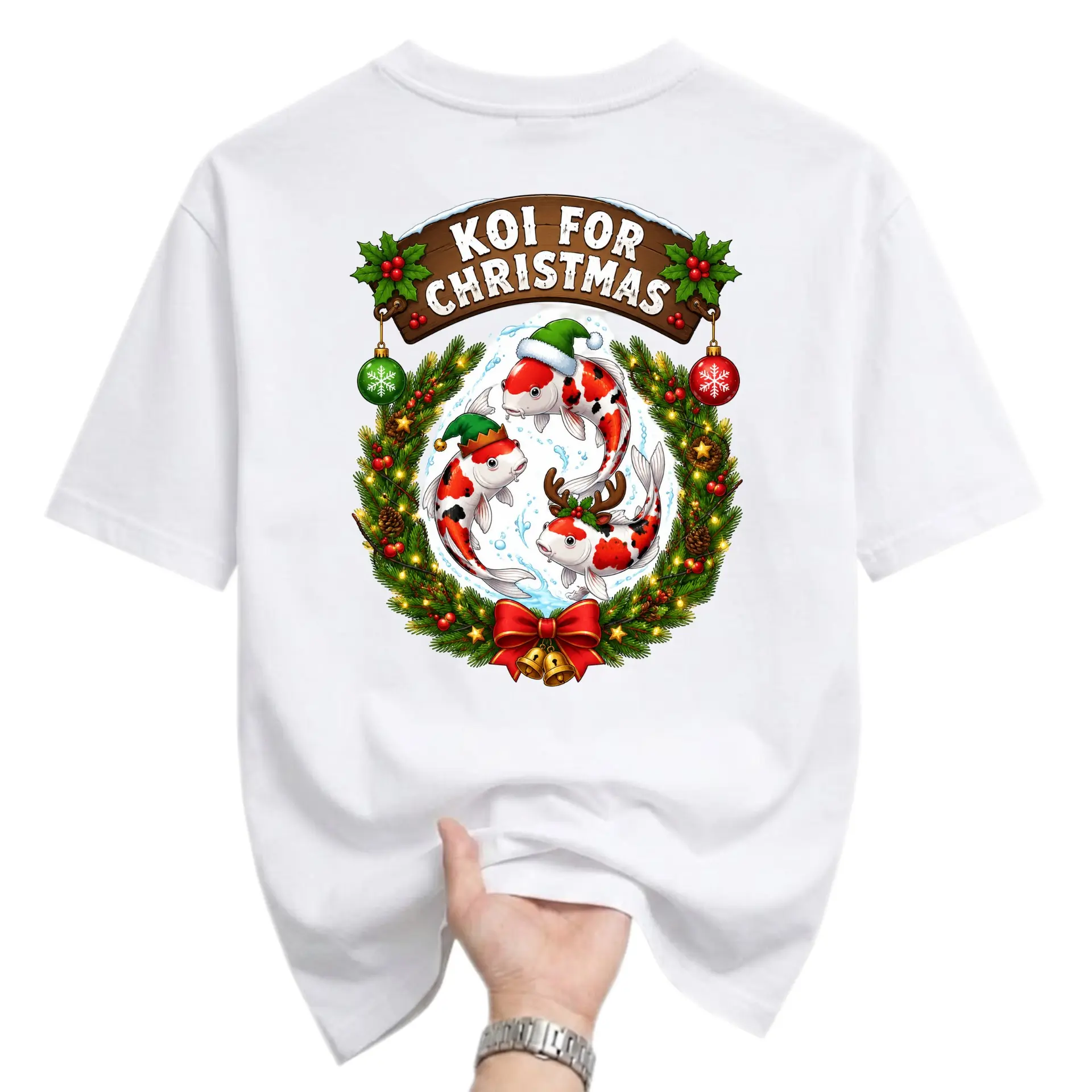 Graphic Tee Koi for Christmas Festive Holiday Fish Design Unisex Crew Neck Soft Cotton Blend Casual Short Sleeve