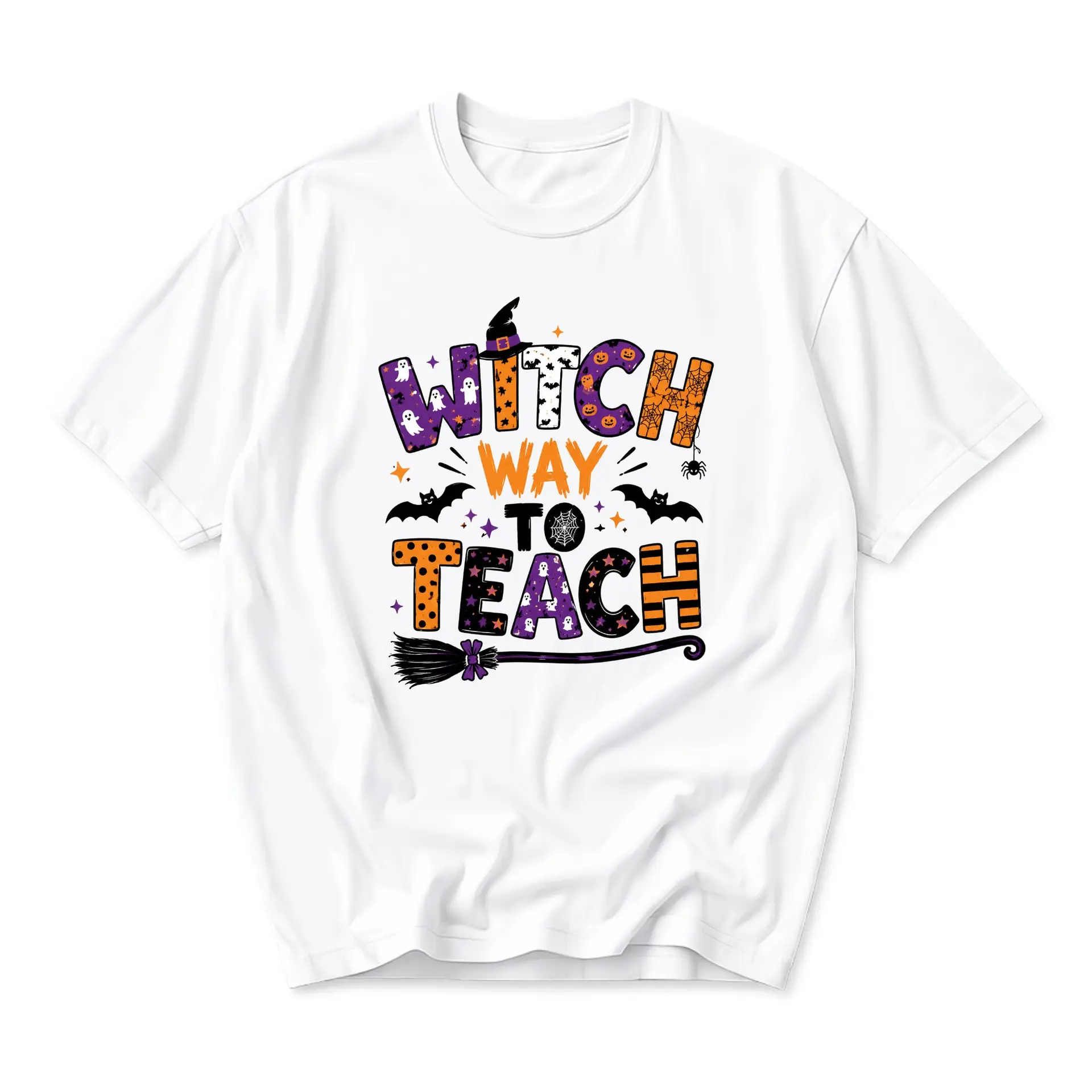Funny Shirt Witch Way to Teach Halloween Graphic Tee for Teachers Autumn Apparel Unisex Crew Neck Casual Cotton Top