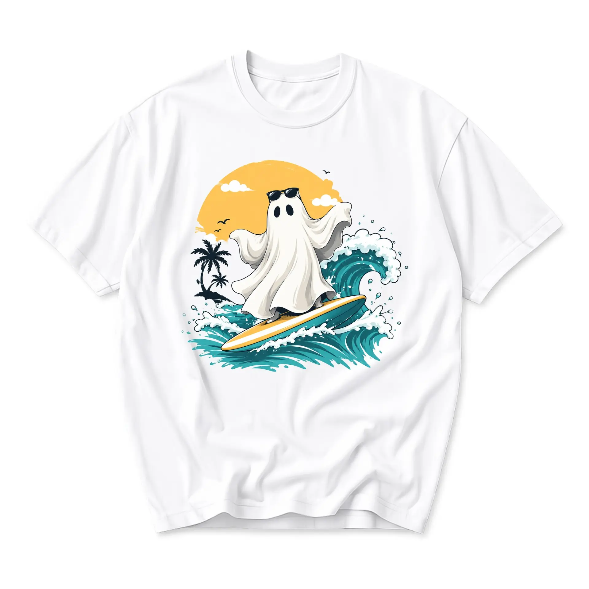 Graphic Tee Surfing Ghost Unisex Shirt Summer Beach Waves Apparel Cotton Blend Short Sleeve Crew Neck Casual Top