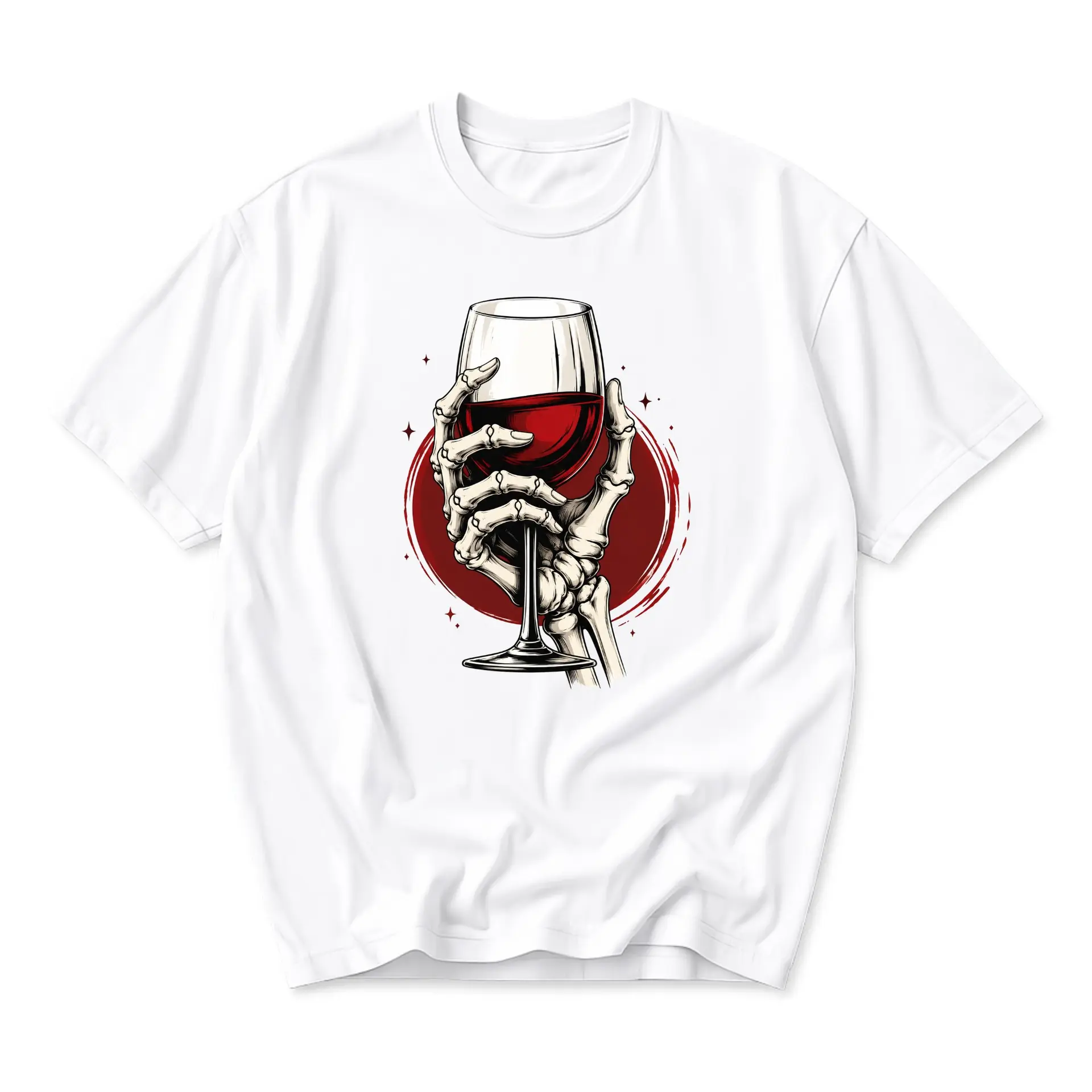 Graphic Tee Skeleton Hand Holding Wine Glass Unisex Crew Neck Casual Everyday Shirt for Men and Women White