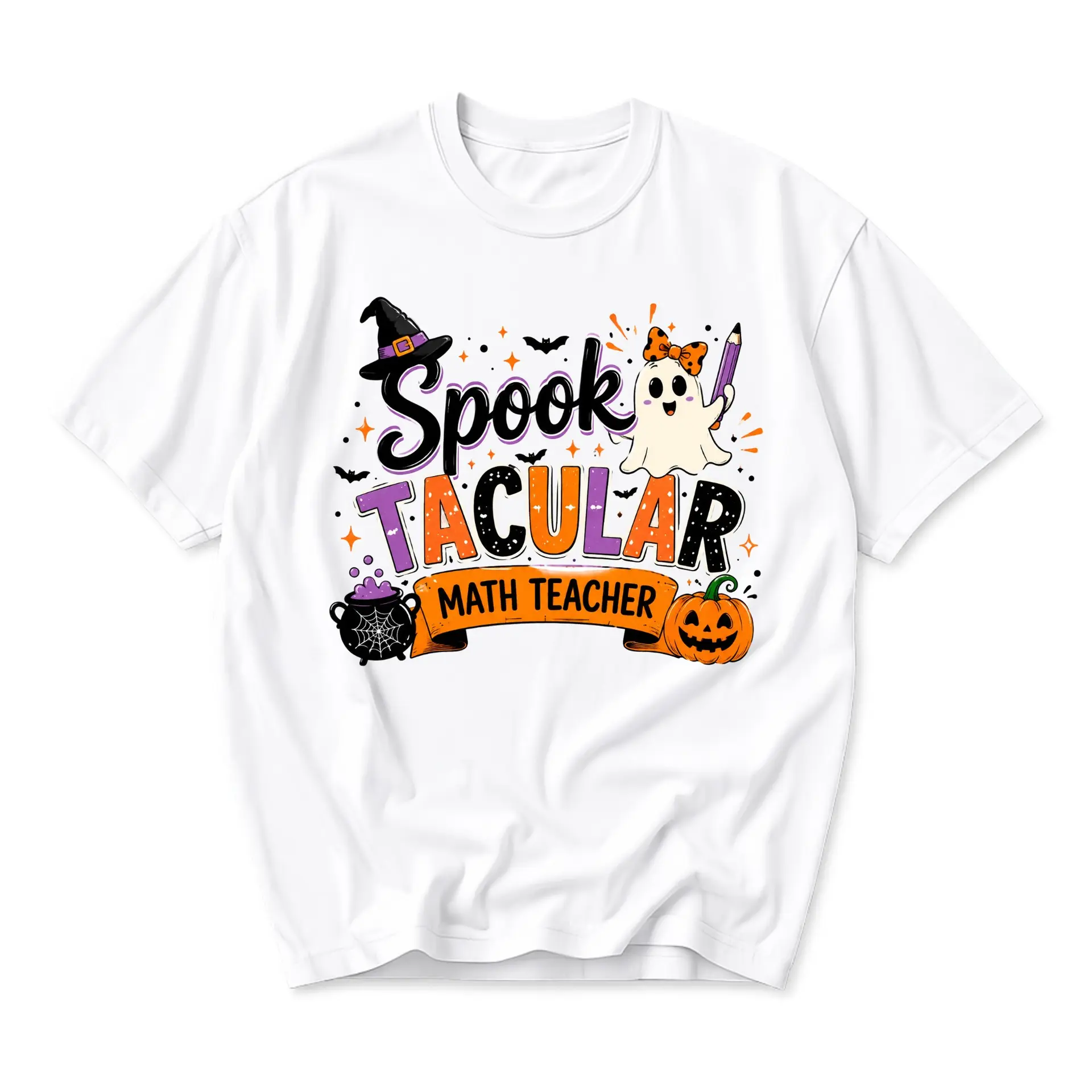 Funny Shirt Spooktacular Math Teacher Graphic Tee Casual Unisex Crew Neck Holiday Apparel for Educator Halloween Outfit