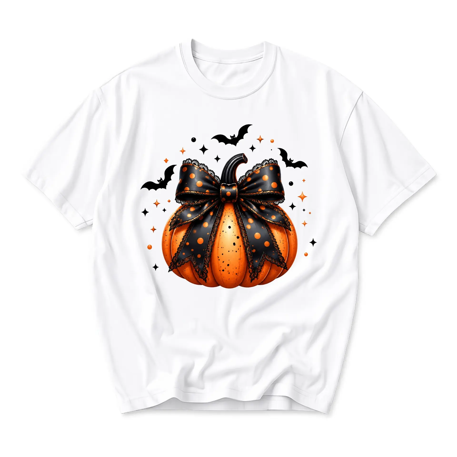 Graphic Tee Pumpkin with Black Polka Dot Bow Halloween Print Unisex Crew Neck Casual Everyday Short Sleeve Shirt