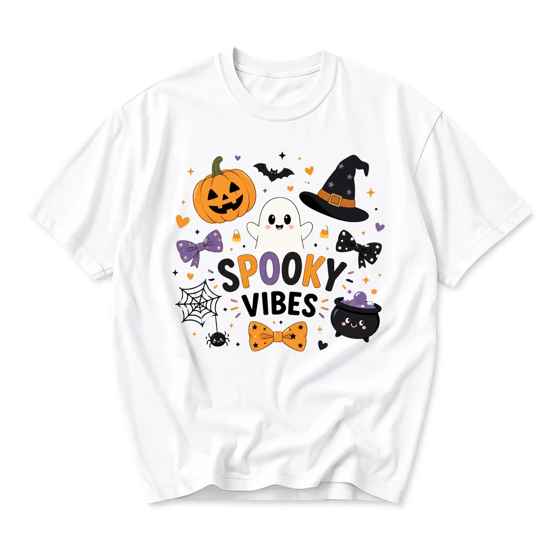 Graphic Tee Spooky Vibes Halloween Shirt Cute Ghost Pumpkin Witch Hat Print Unisex Casual Crew Neck Apparel