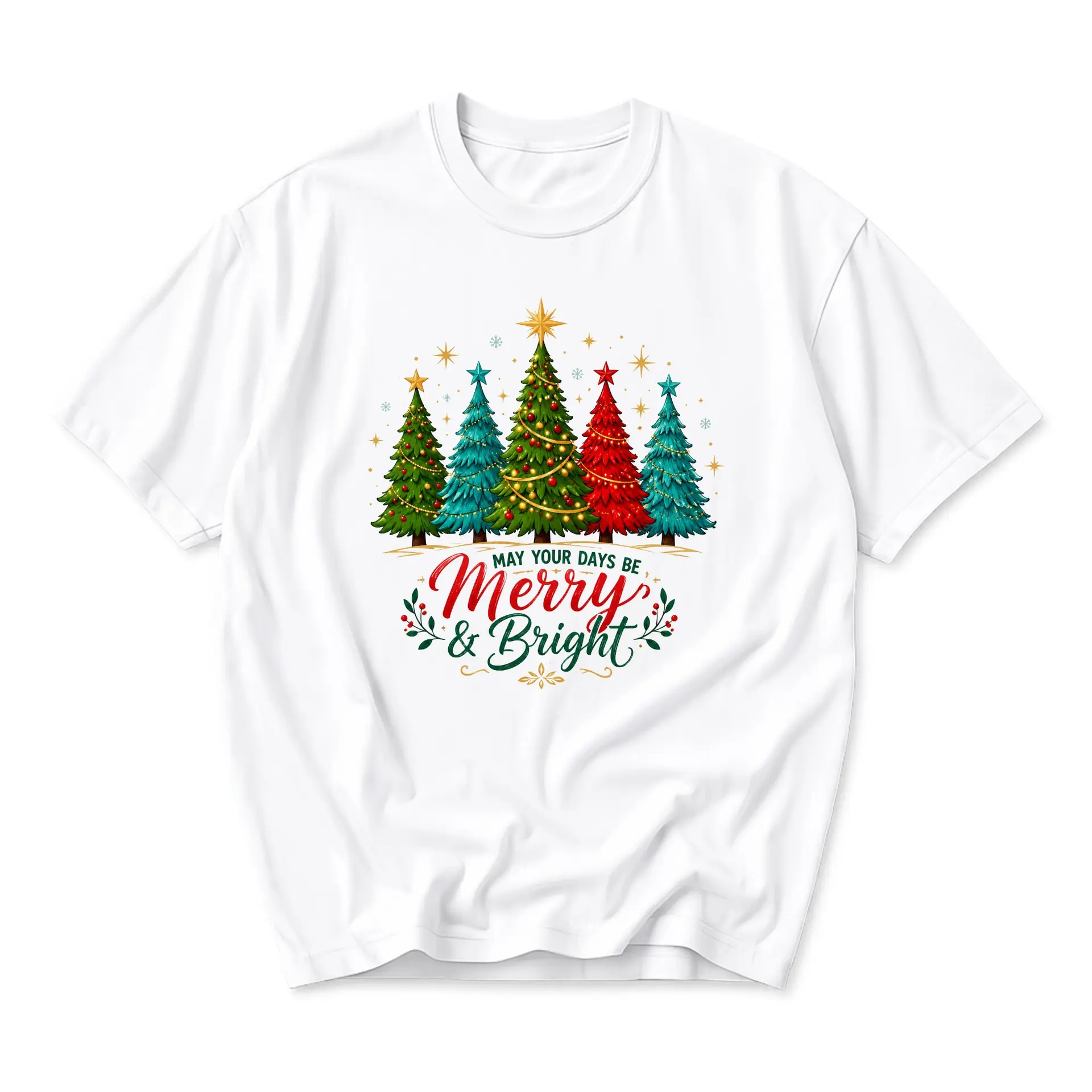 Graphic Tee Merry and Bright Christmas Tree Design Unisex Casual Short