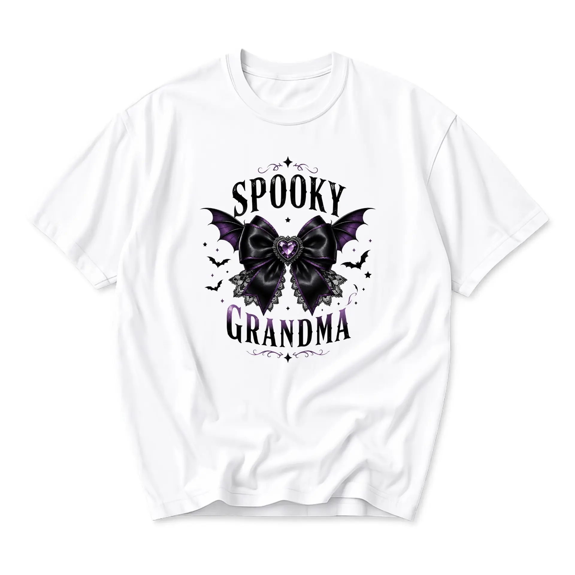 Funny Shirt Spooky Grandma Graphic Tee Gothic Bat Bow Design Unisex Crew Neck Casual Cotton Blend Apparel