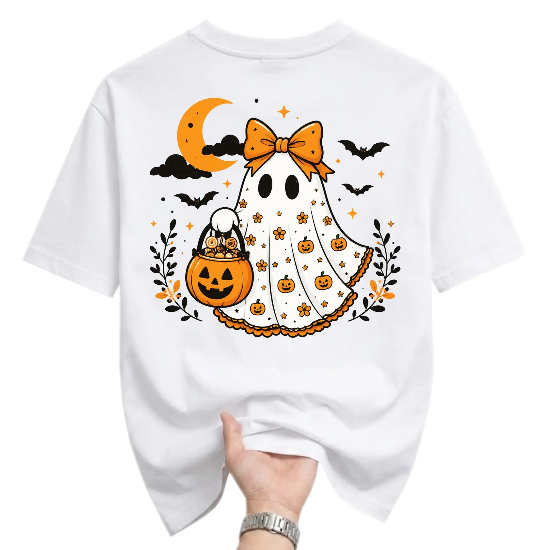 Graphic Tee Cute Ghost with Pumpkin Bucket and Bow Halloween T-Shirt Unisex Crew Neck Soft Cotton Casual Top