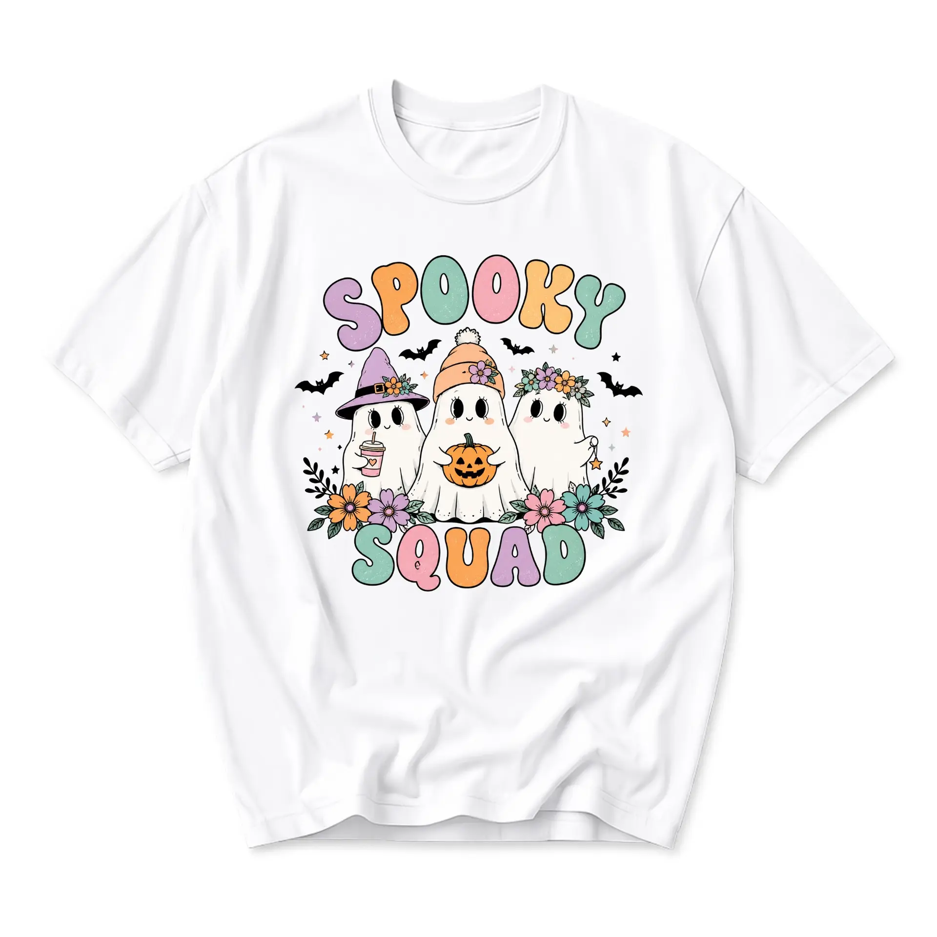 Graphic Tee Spooky Squad Cute Ghosts Floral Design Unisex Crew Neck Soft Casual Everyday Autumn Halloween T-Shirt Top