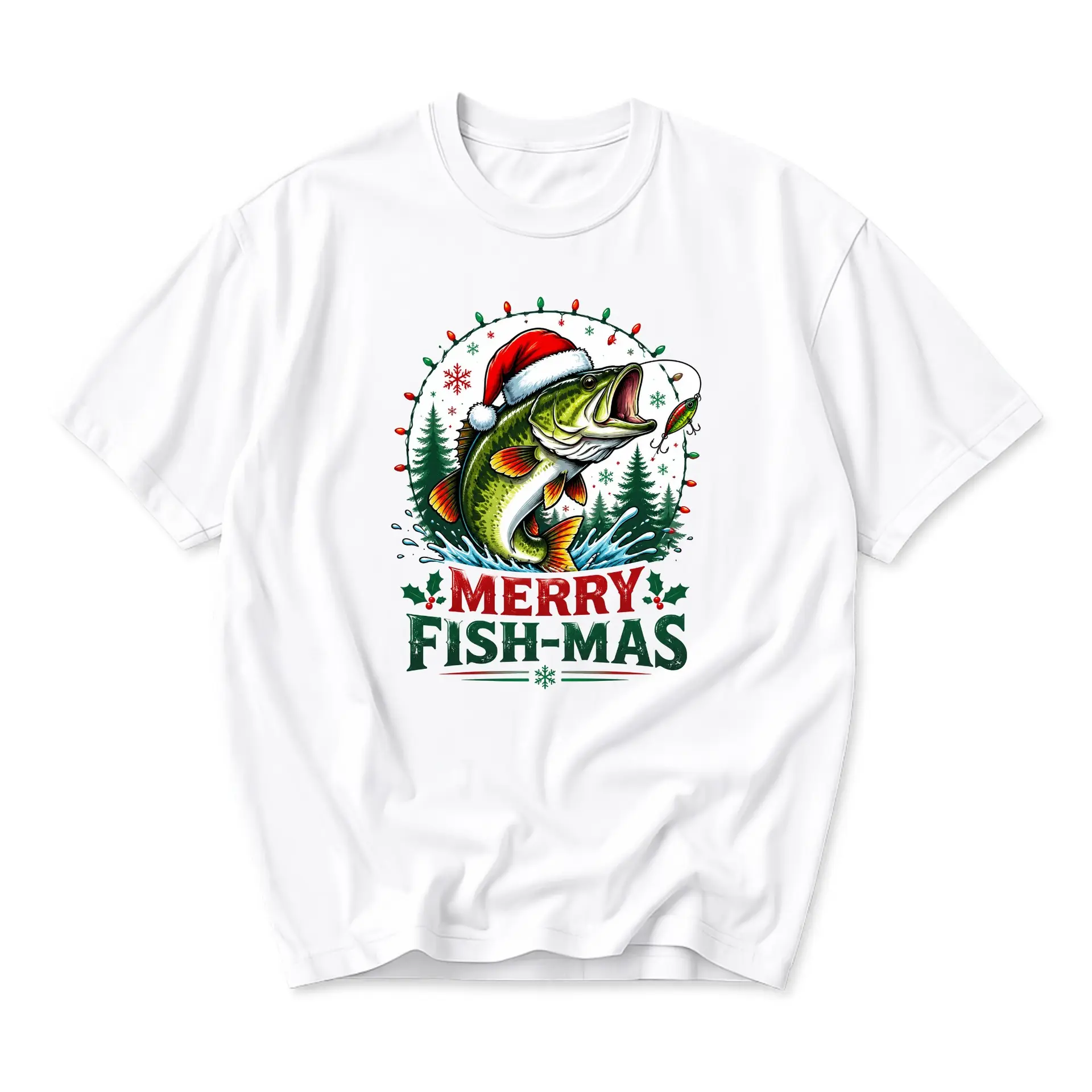 Funny Shirt Merry Fish-Mas Christmas Fishing Graphic Tee Unisex Short Sleeve Crew Neck Casual Cotton Blend Top