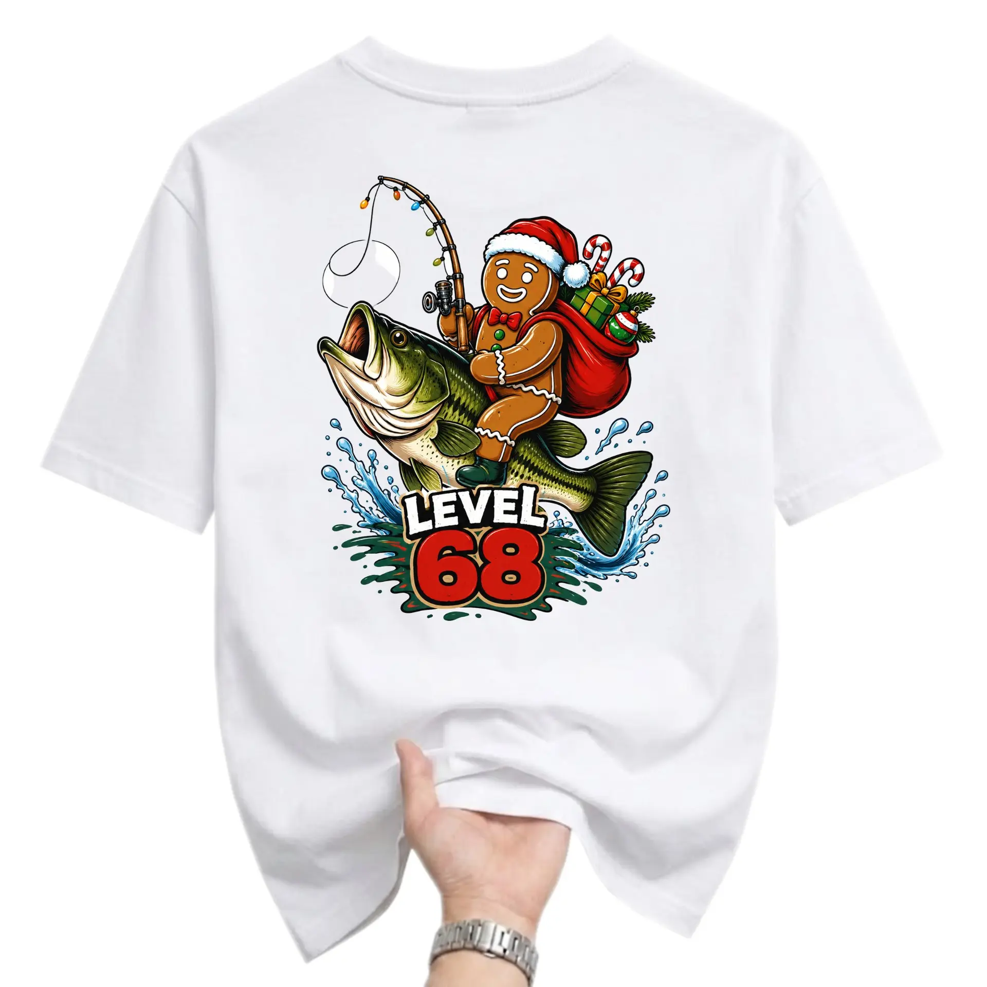 Funny Shirt 68 Gingerbread Man Fishing Graphic Tee Holiday Unisex Crew Neck Casual Everyday Apparel White