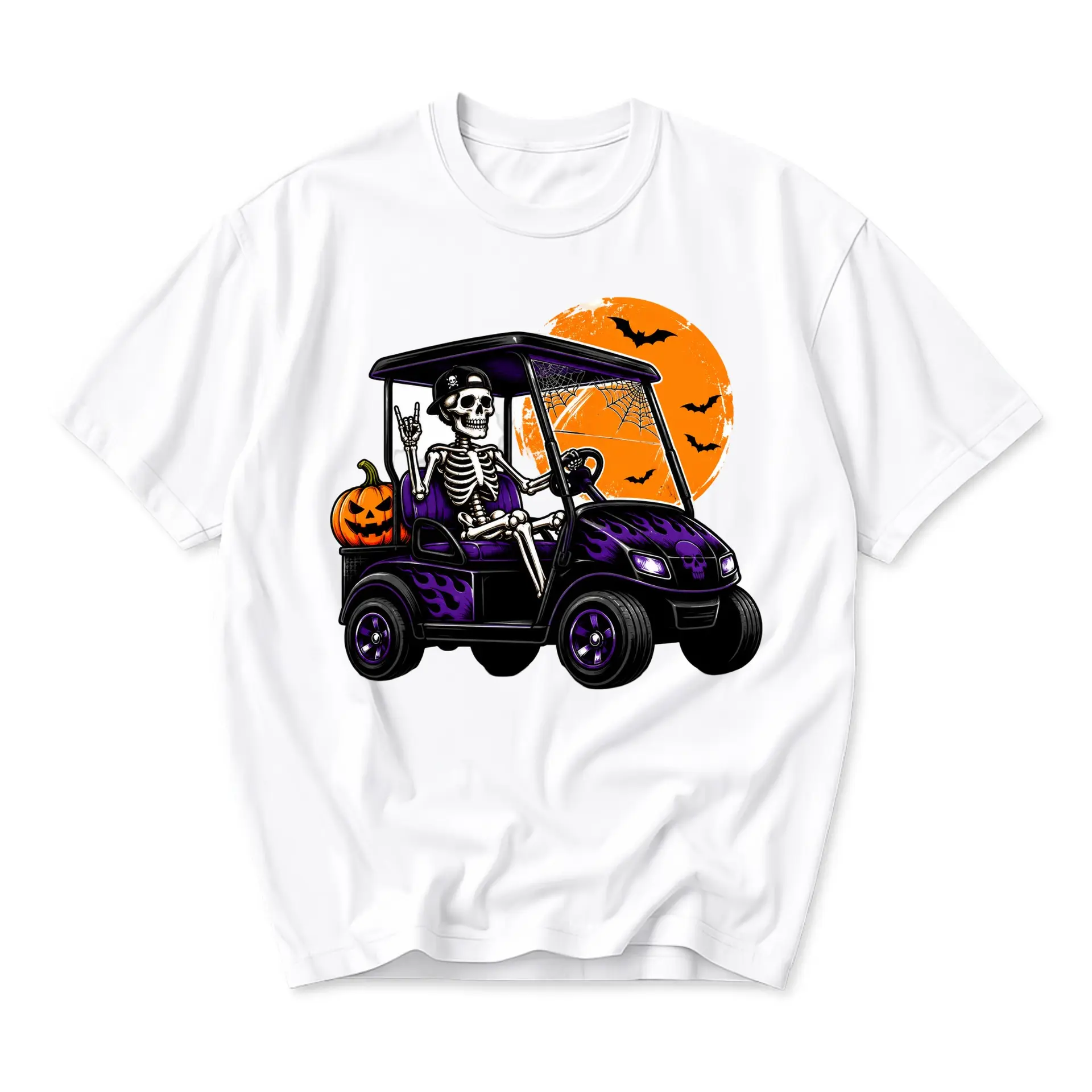 Funny Shirt Skeleton Driving Golf Cart Graphic Tee Unisex Halloween Style Soft Cotton Crew Neck Casual Summer Apparel